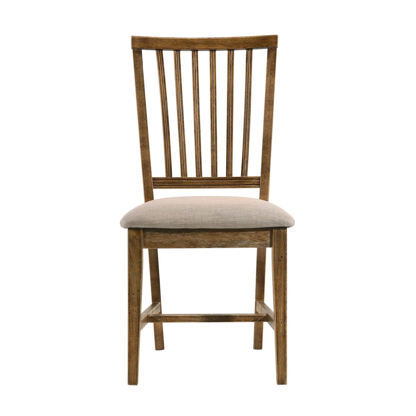 Rustic wooden dining chair with a light grey upholstered seat
