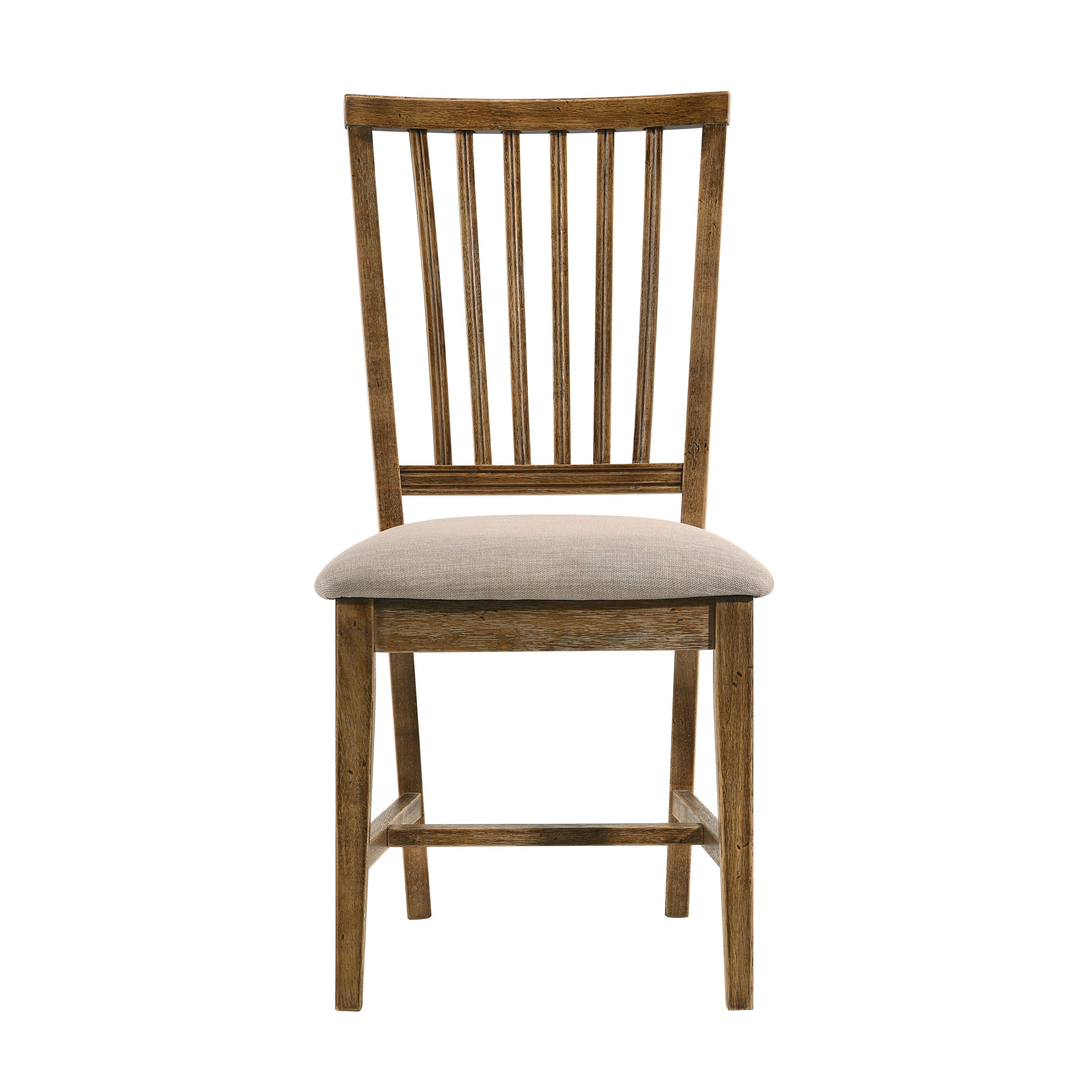 Rustic wooden dining chair with a light grey upholstered seat