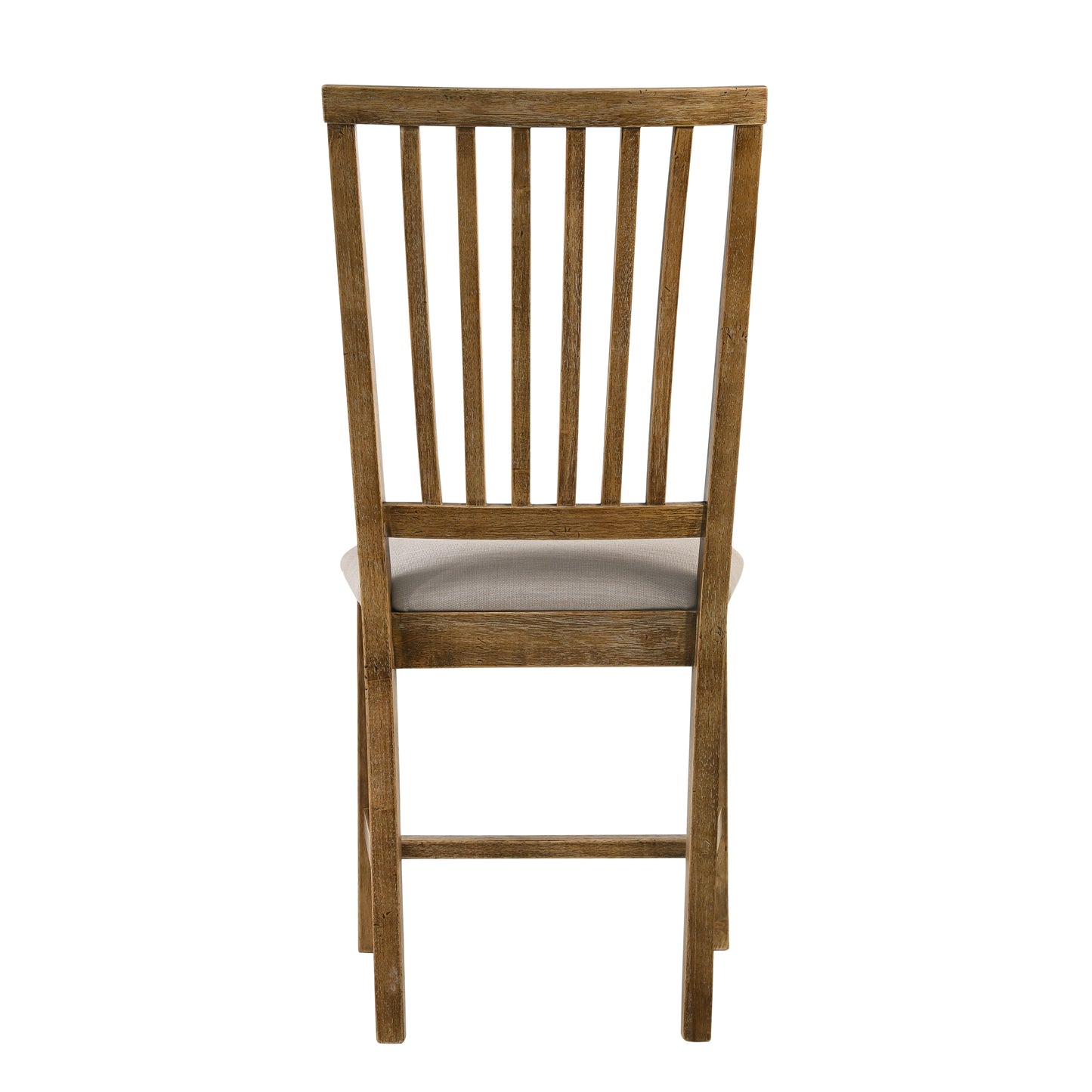 Back view of a distressed wood dining chair with a light gray upholstered seat
