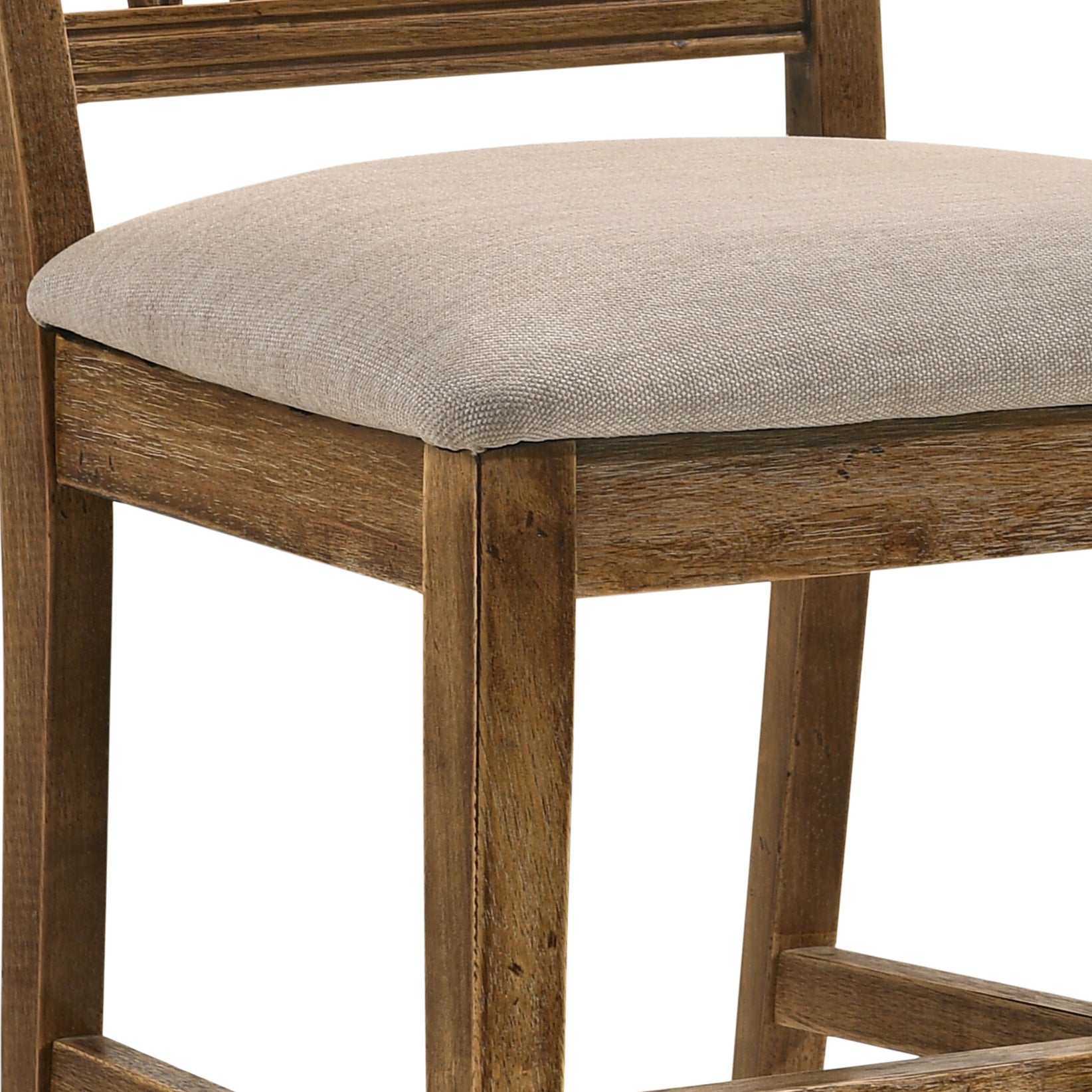 Rustic wooden bar stool with a textured beige fabric seat and distressed wood finish