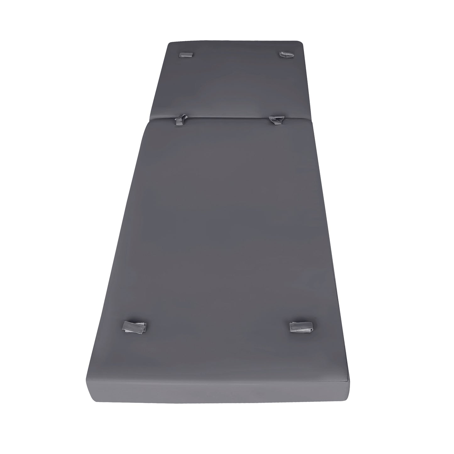 Gray foldable futon mattress with straps for easy storage ideal for small spaces