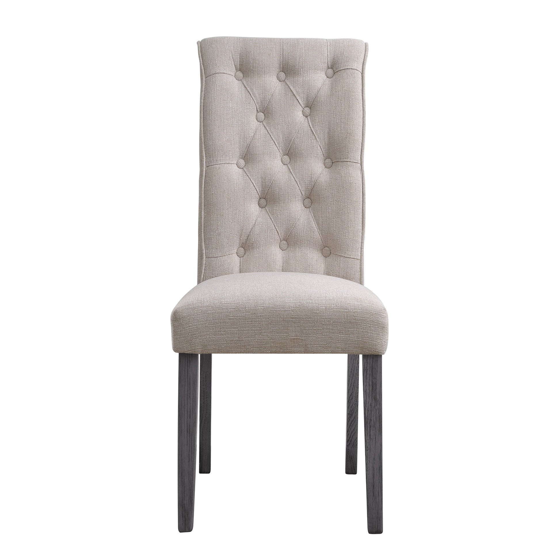 Elegant taupe upholstered dining chair with diamond tufting and dark wood legs