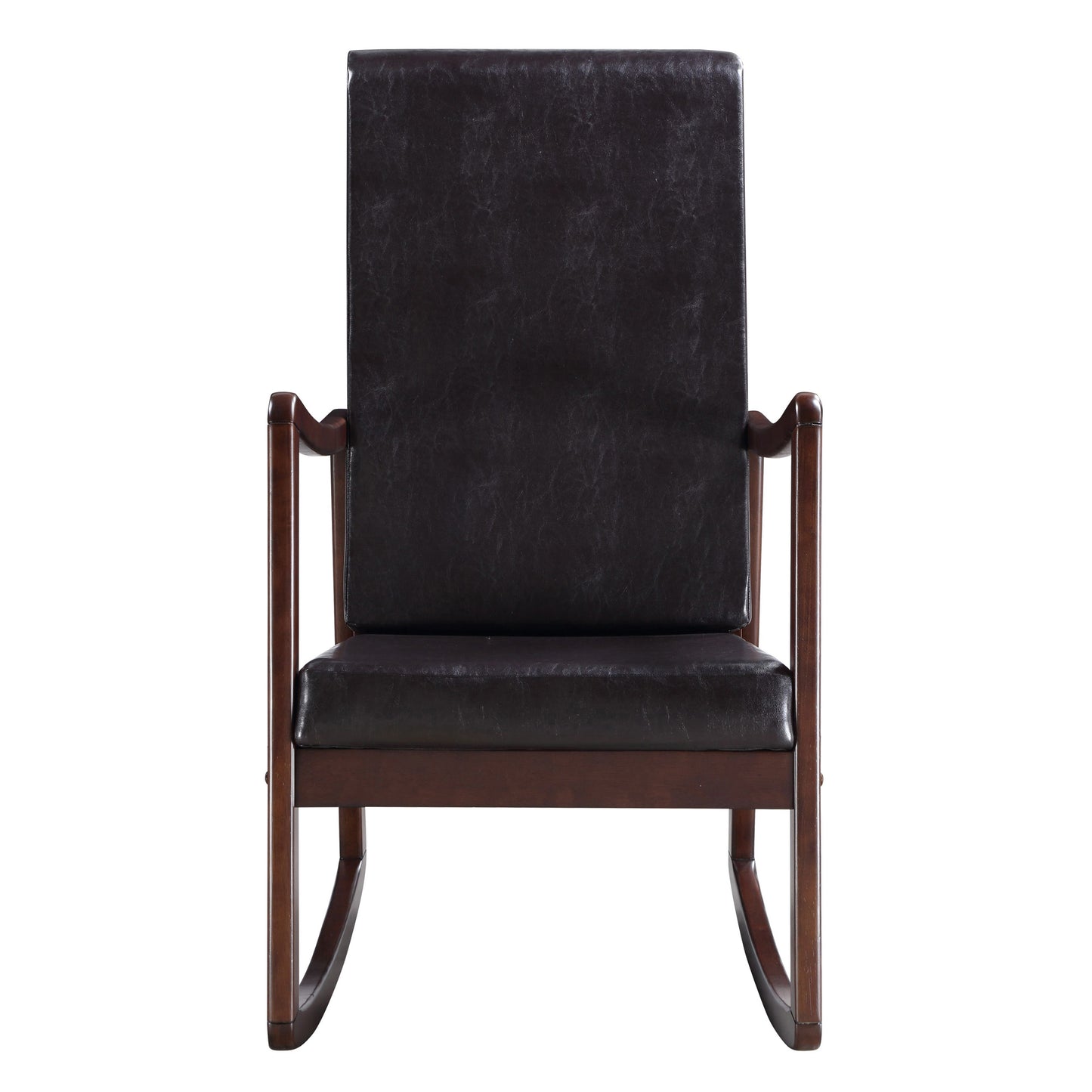 Dark brown faux leather and wood rocking chair with padded seat and back