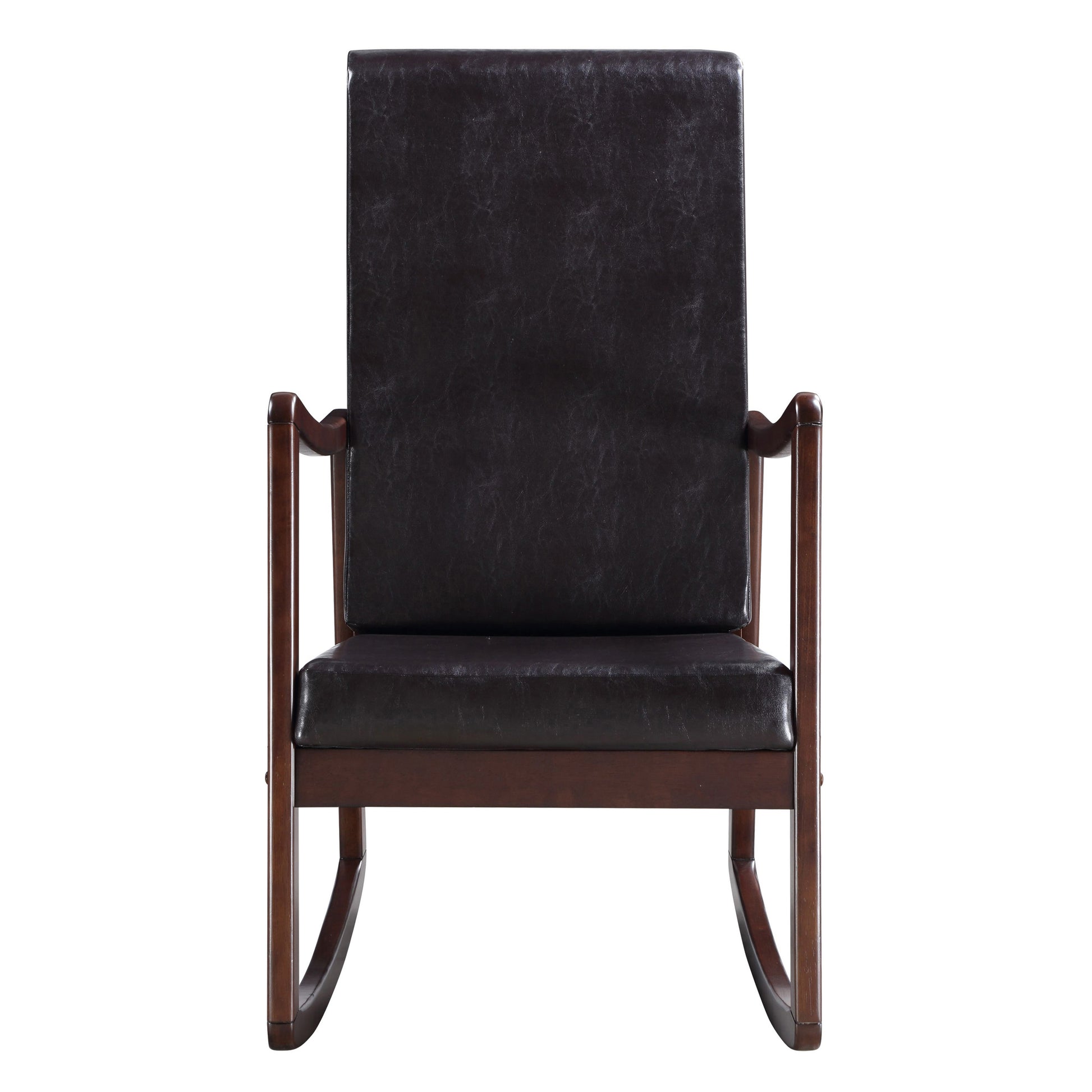 Dark brown faux leather and wood rocking chair with padded seat and back