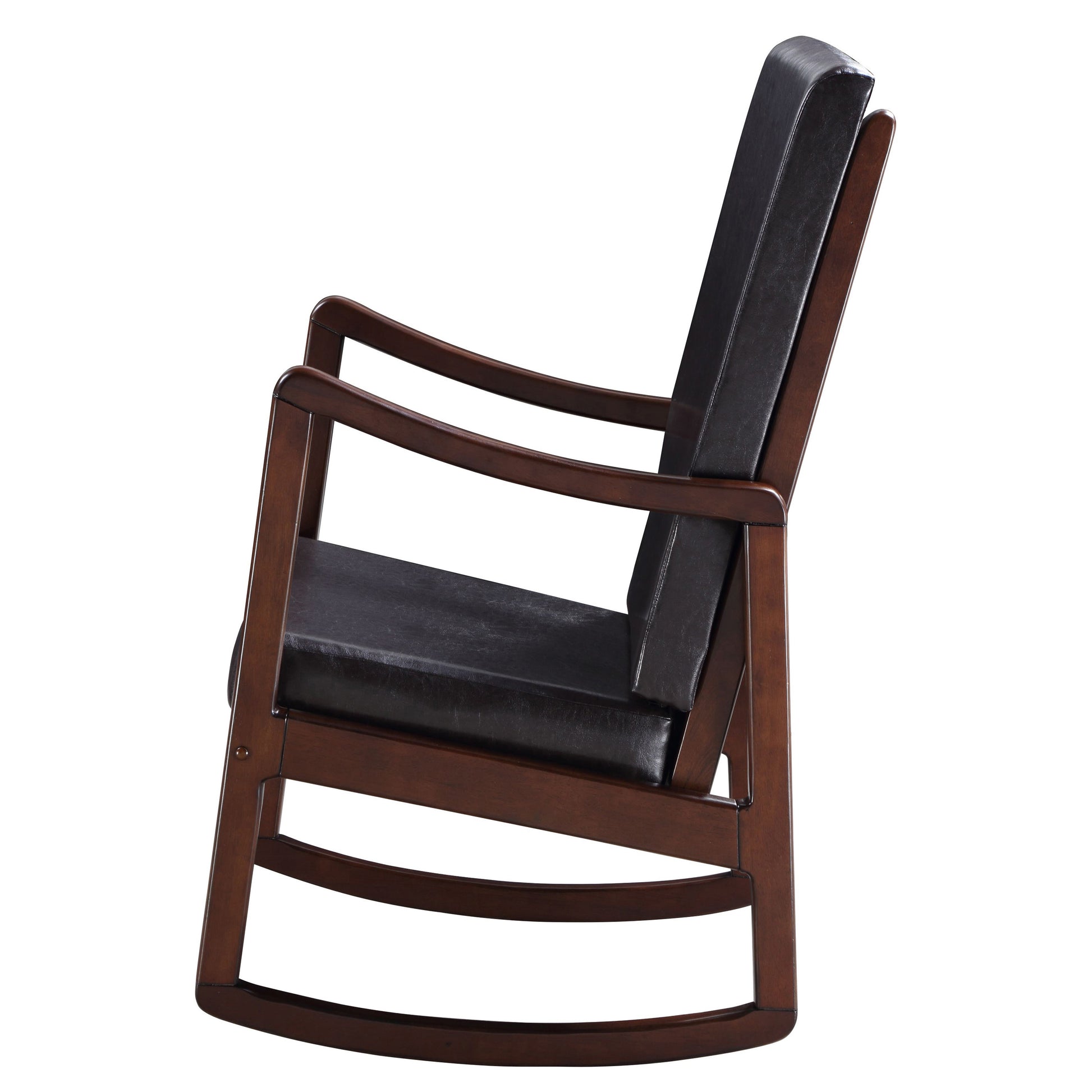 Dark brown wooden rocking chair with black faux leather cushions