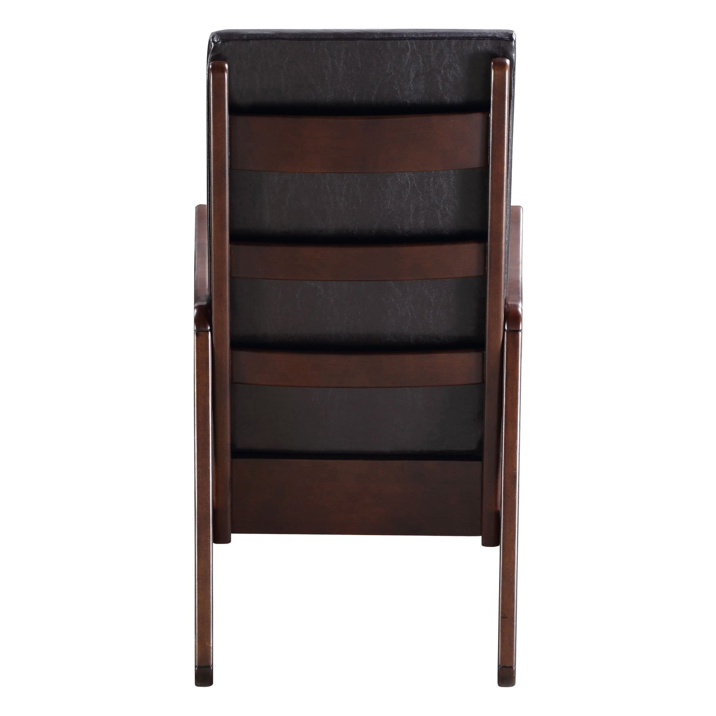 Dark brown faux leather armchair with wood frame back view modern accent chair