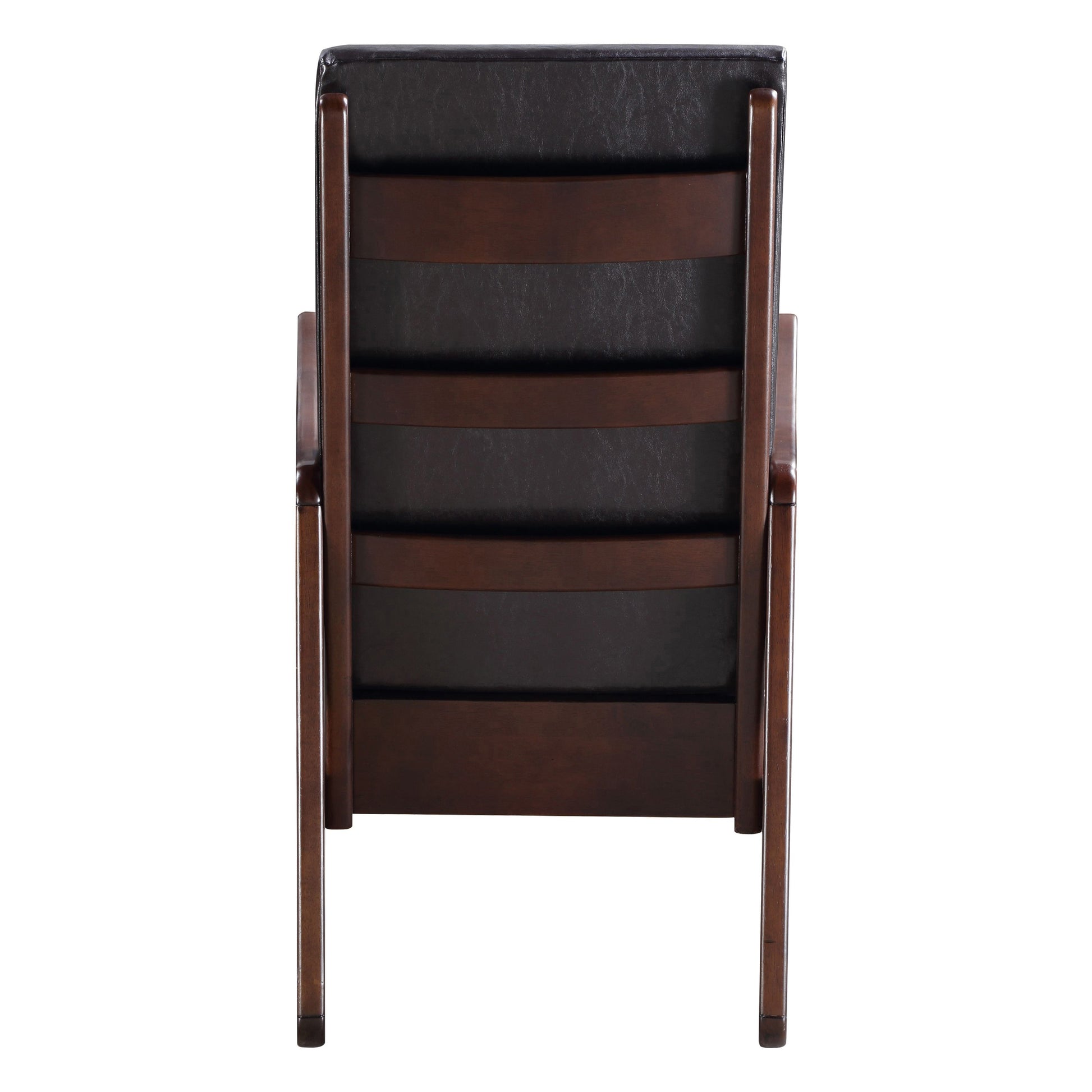 Dark brown faux leather armchair with wood frame back view modern accent chair