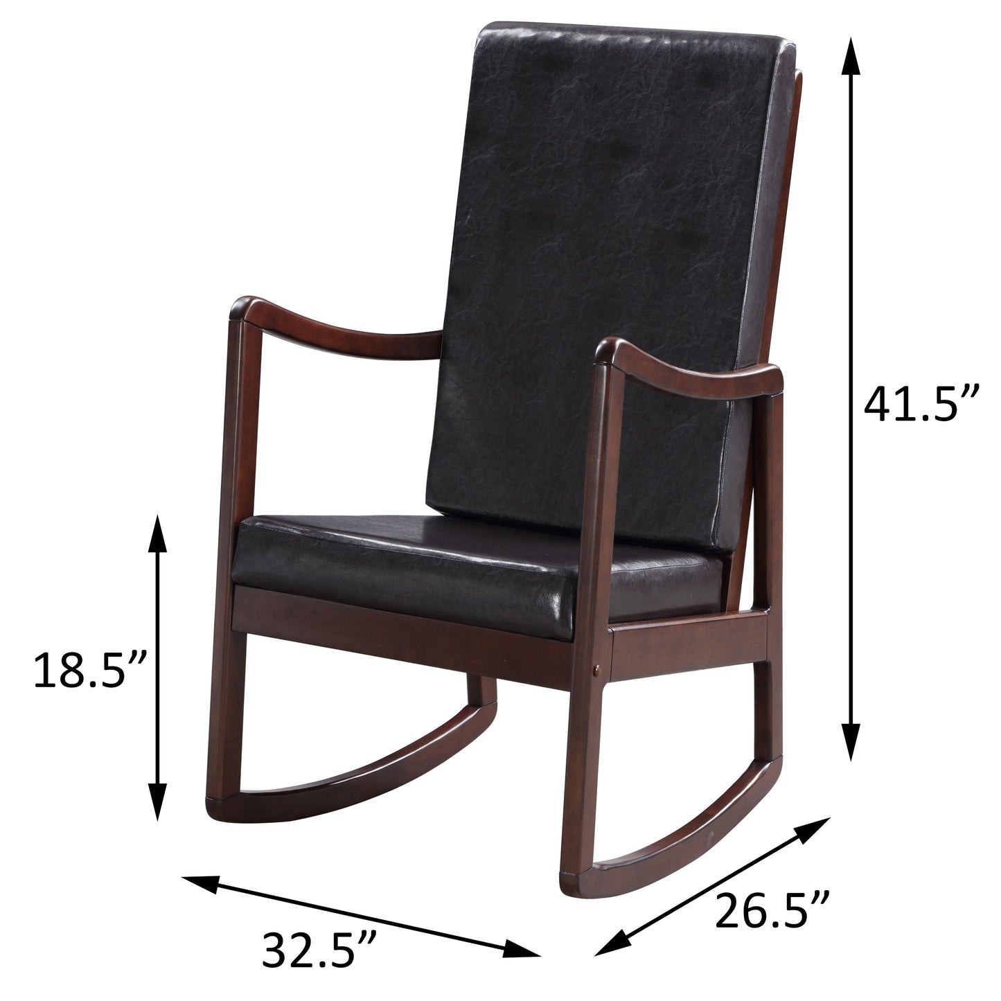 Dark faux leather upholstered rocking chair with dark wood frame Elegant design