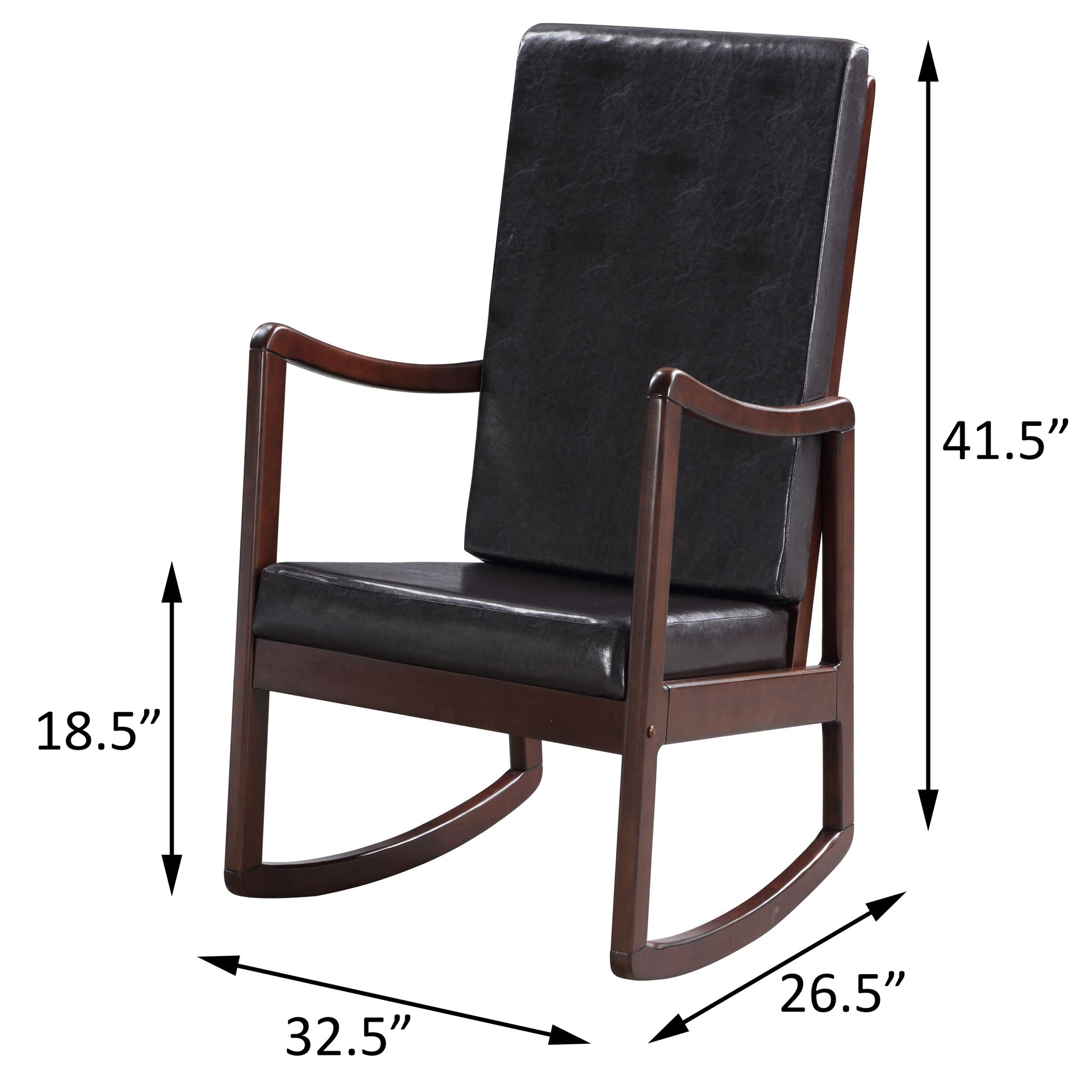 Dark faux leather upholstered rocking chair with dark wood frame Elegant design