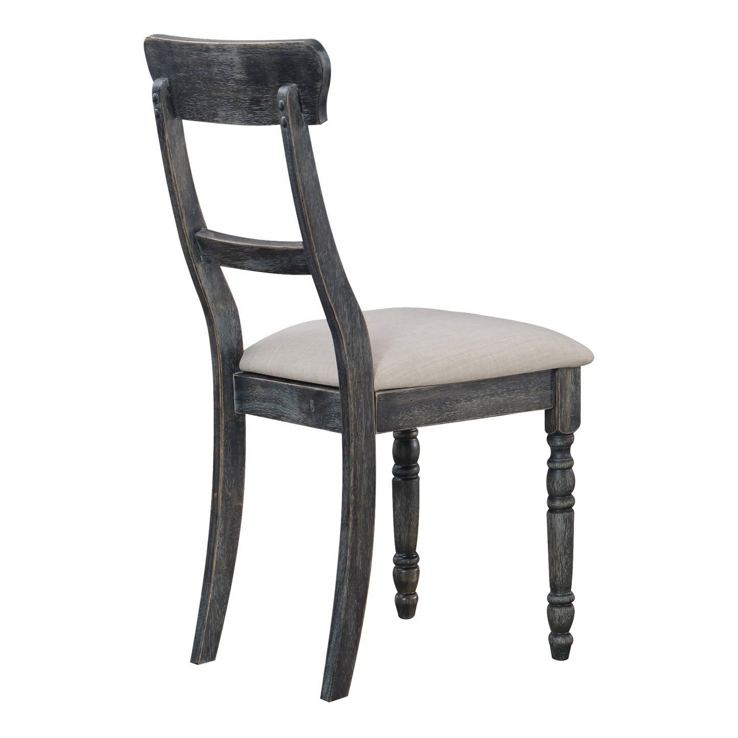 Distressed charcoal wooden dining chair with light neutral upholstered seat