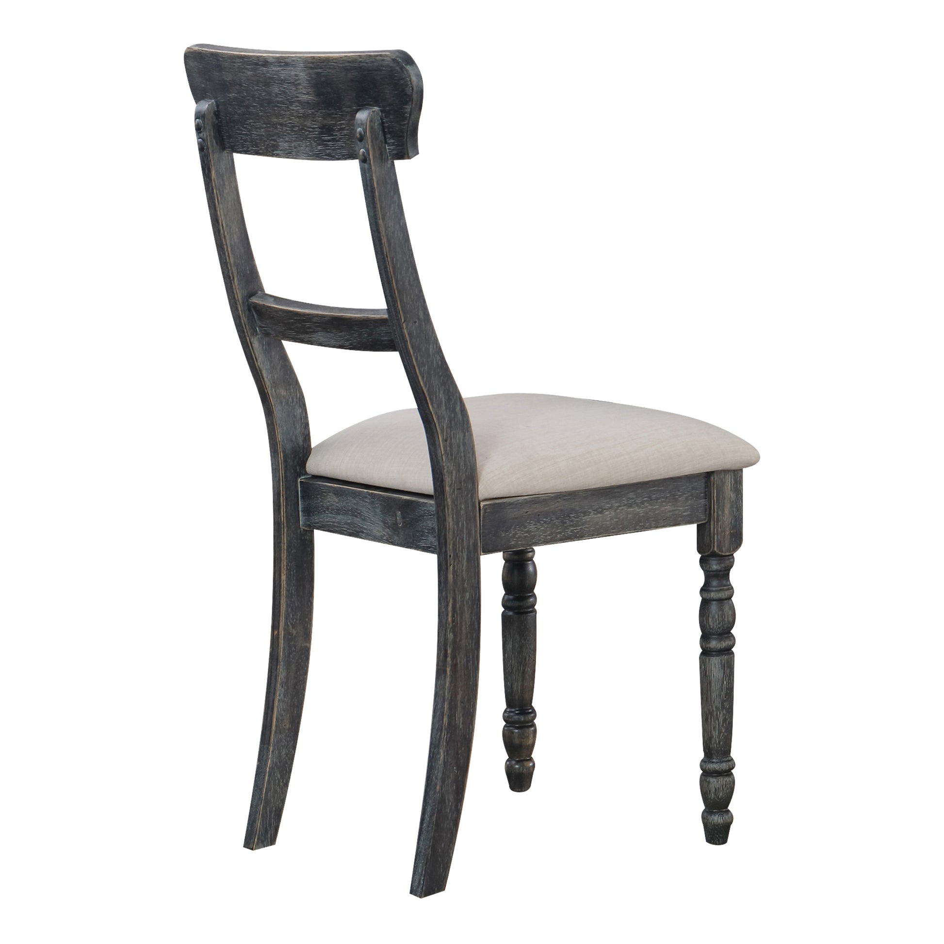 Distressed charcoal wooden dining chair with light neutral upholstered seat