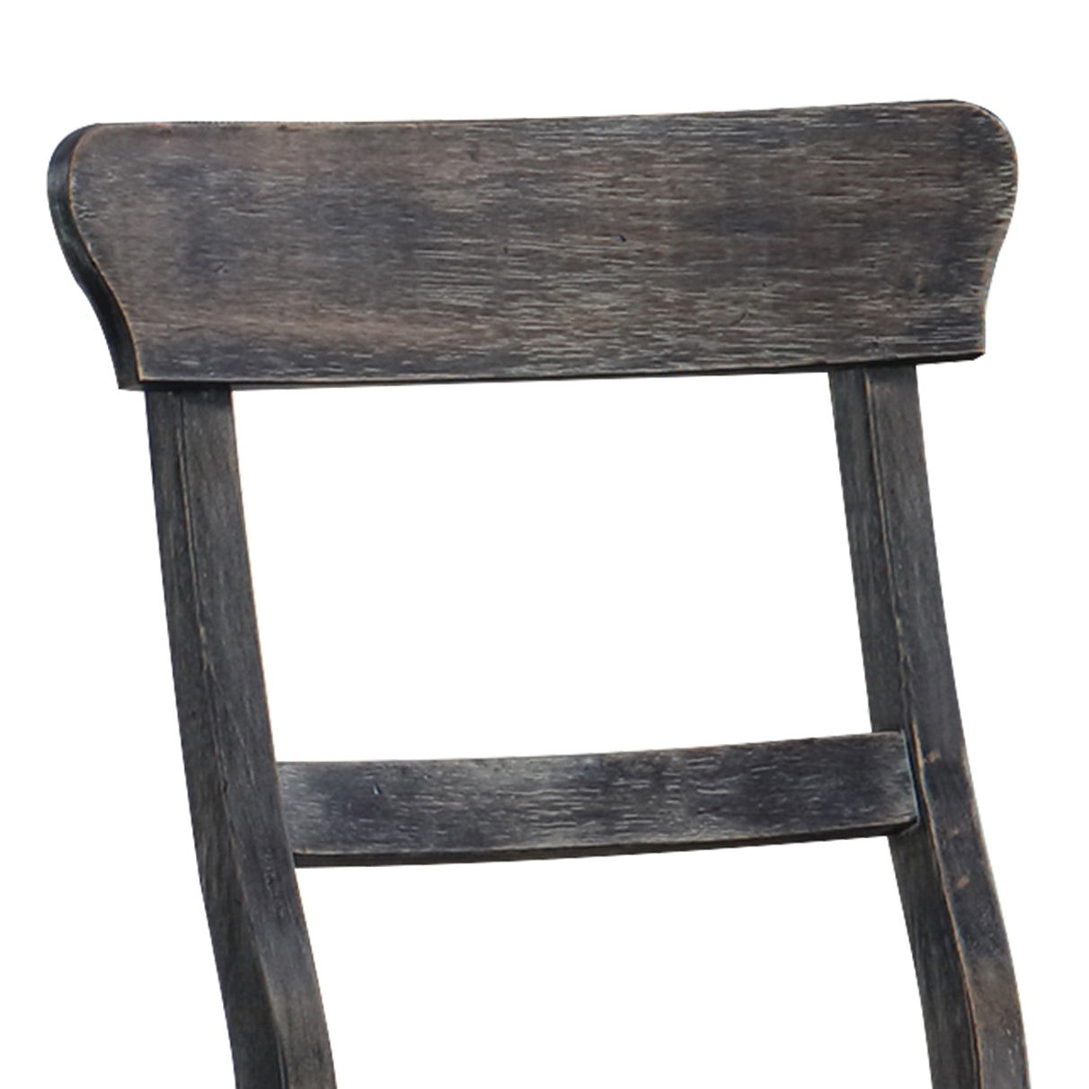 Rustic dark wood chair back and support slats with distressed finish