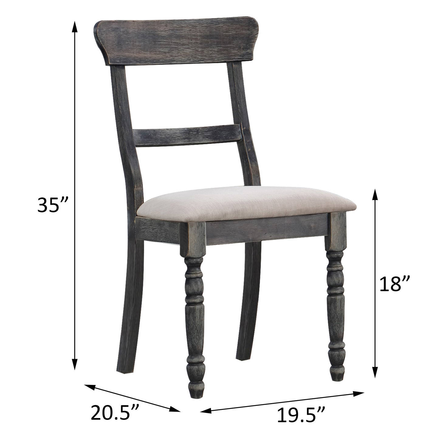 Distressed gray wooden dining chair with a beige fabric seat showcasing turned front legs