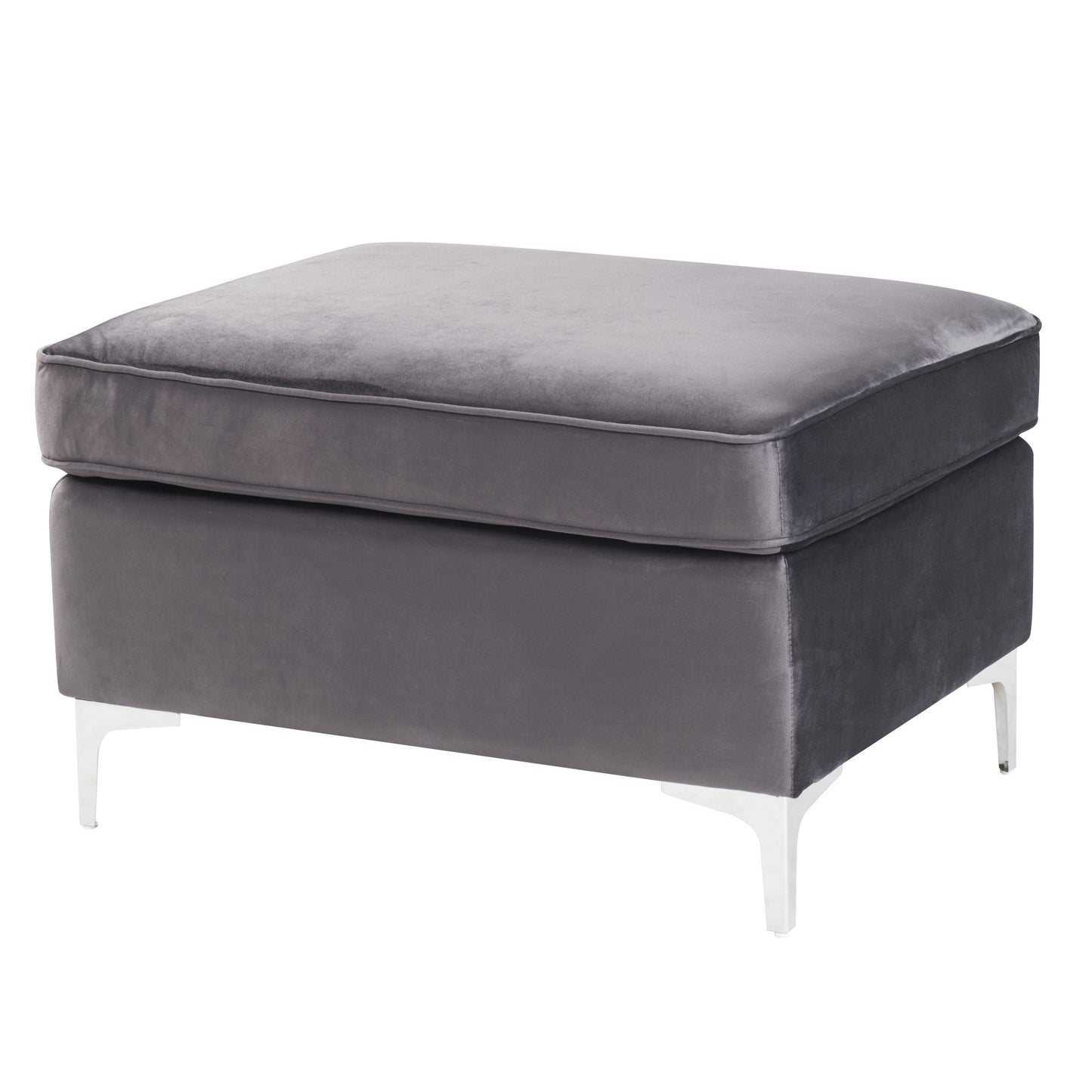 Grey velvet square ottoman with plush cushioning and modern silver legs