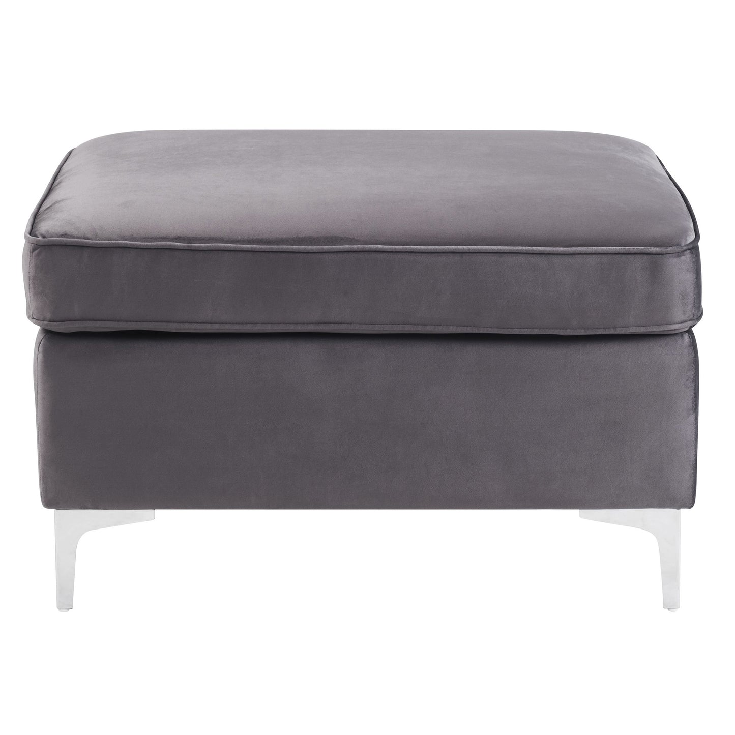 Modern gray velvet ottoman with tufted seat and sleek white legs