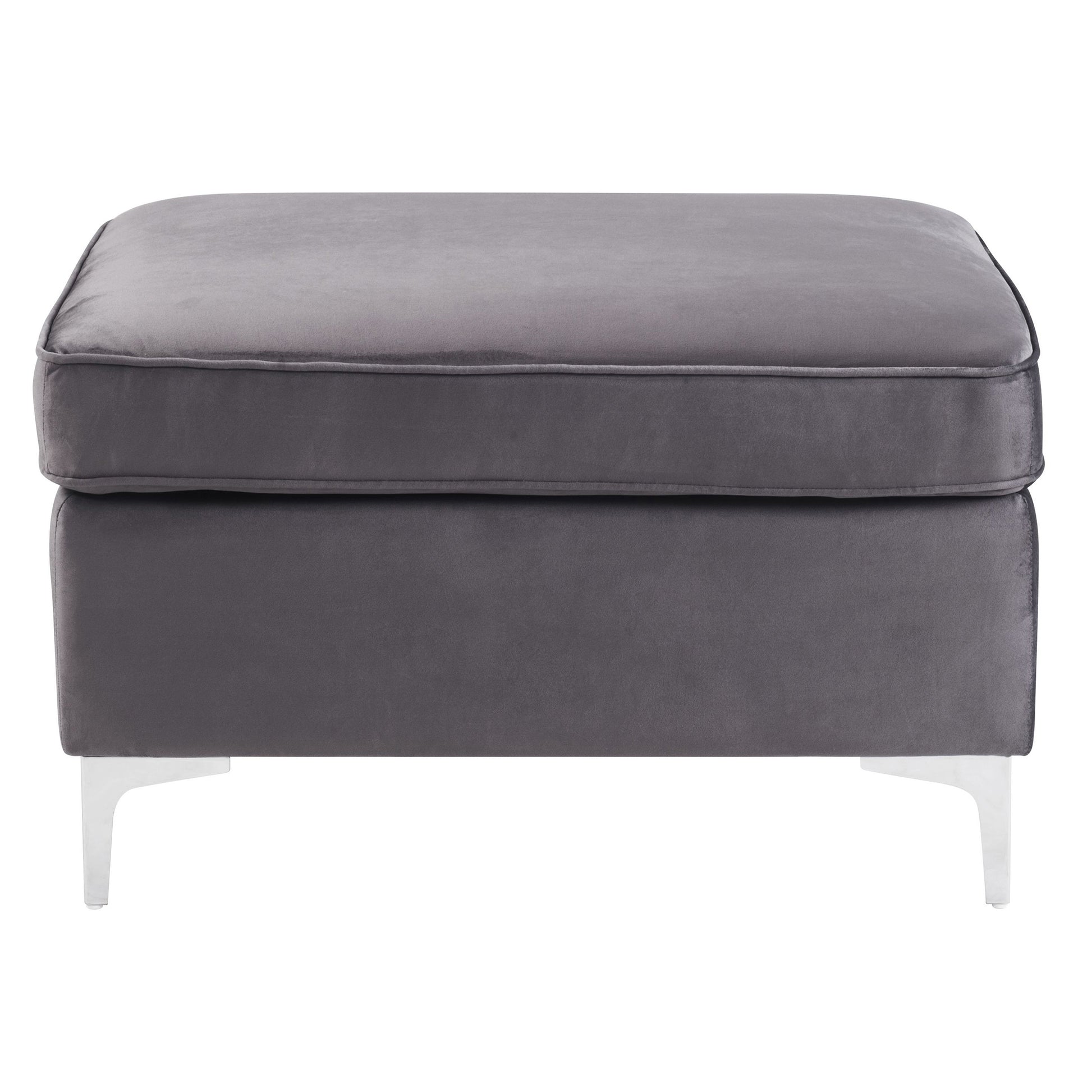 Modern gray velvet ottoman with tufted seat and sleek white legs
