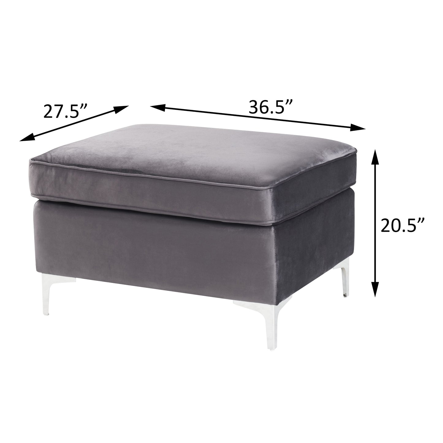Plush grey velvet ottoman with white metal legs and tufted seat perfect accent piece
