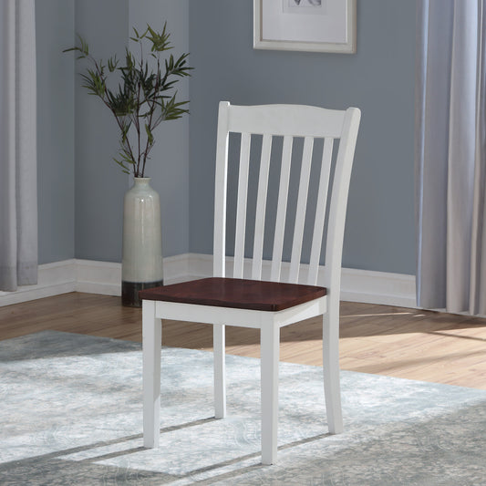 White wood dining chair with slatted back and dark wood seat modern design