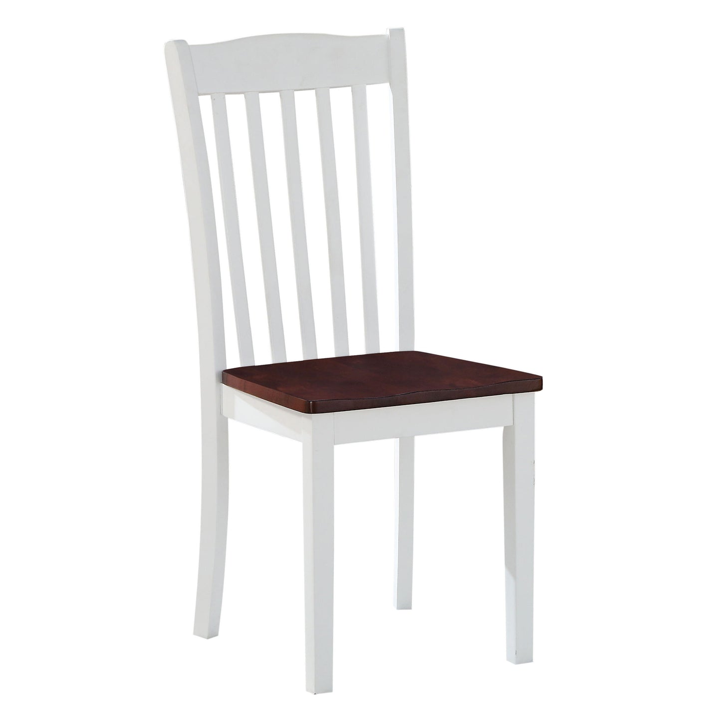 White wooden dining chair with a dark wood seat and slatted back