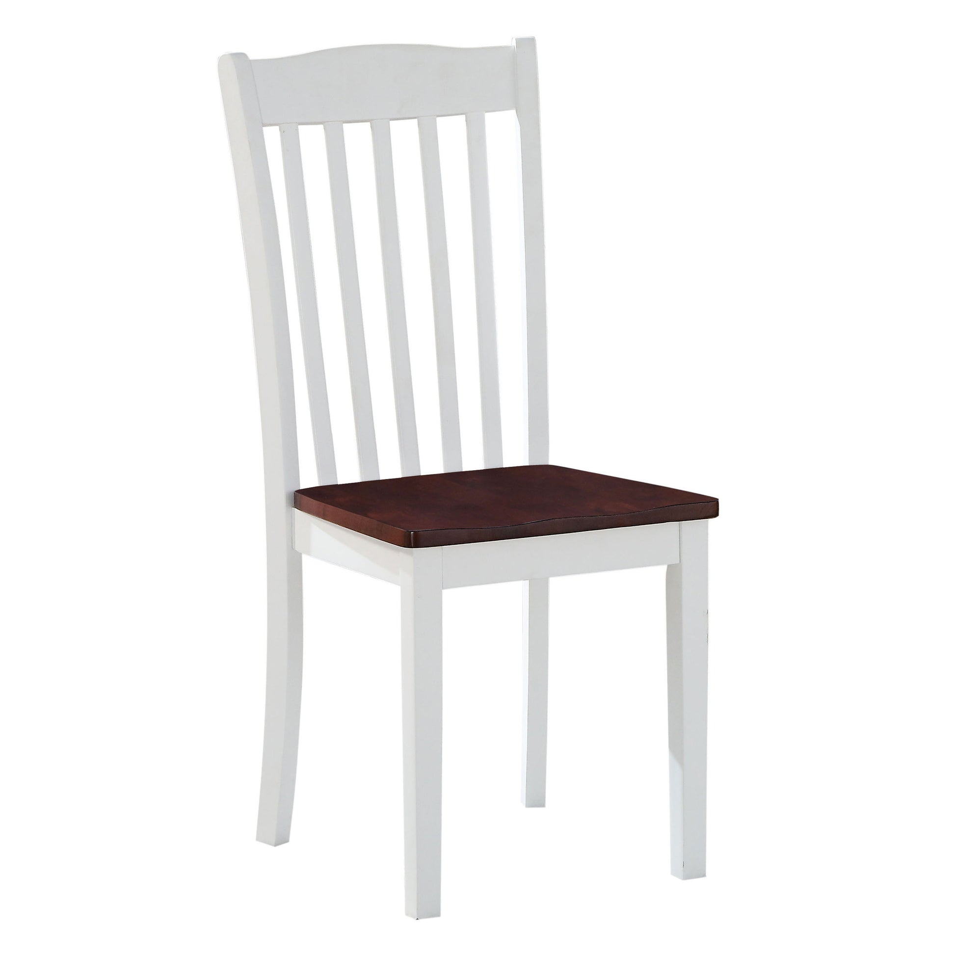 White wooden dining chair with a dark wood seat and slatted back
