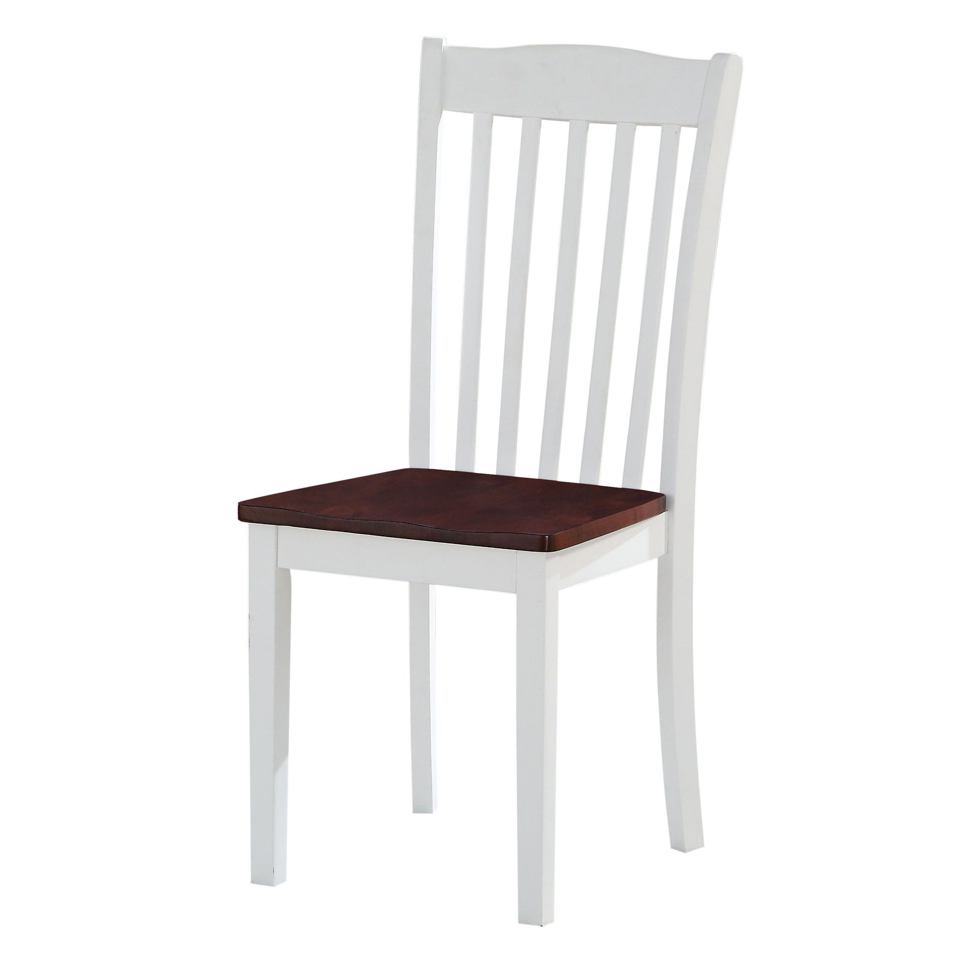 White wooden dining chair with a dark wood seat