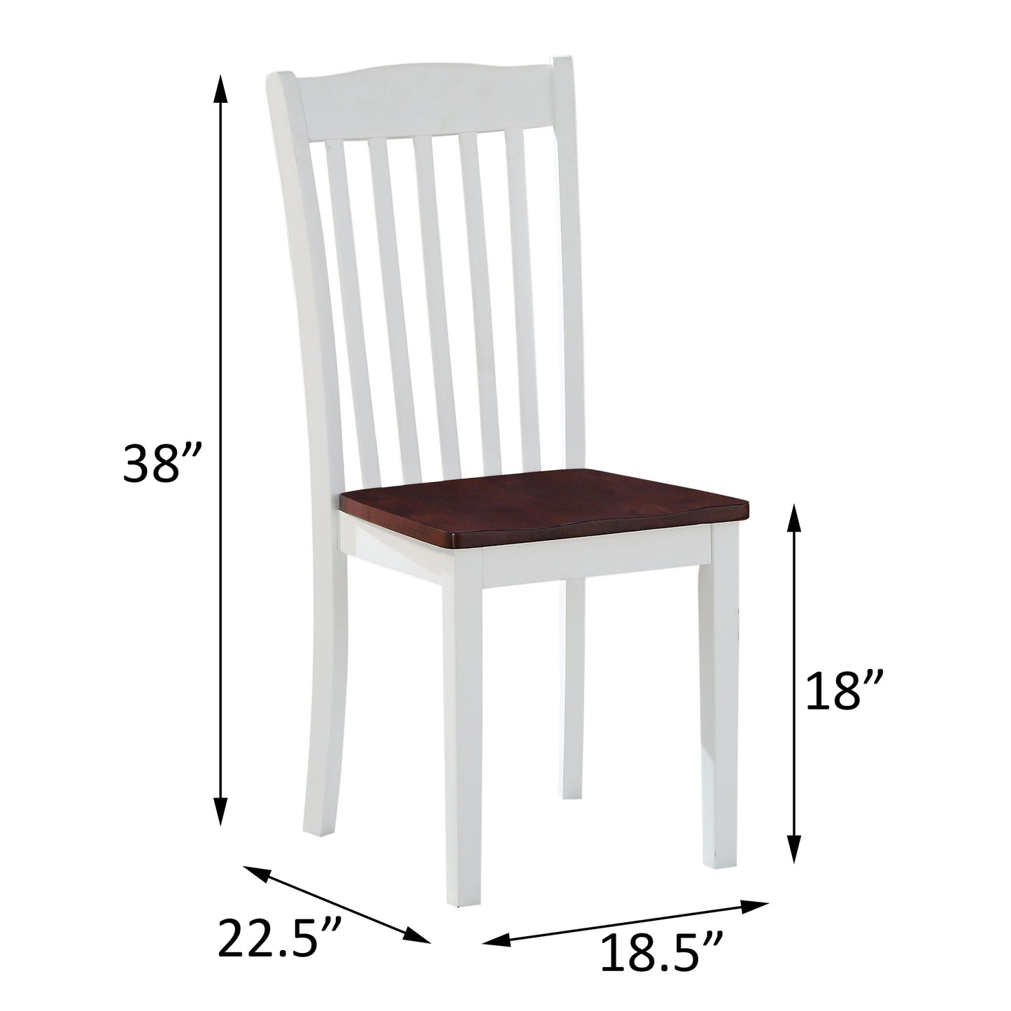 White wooden dining chair with dark brown seat and slatted back