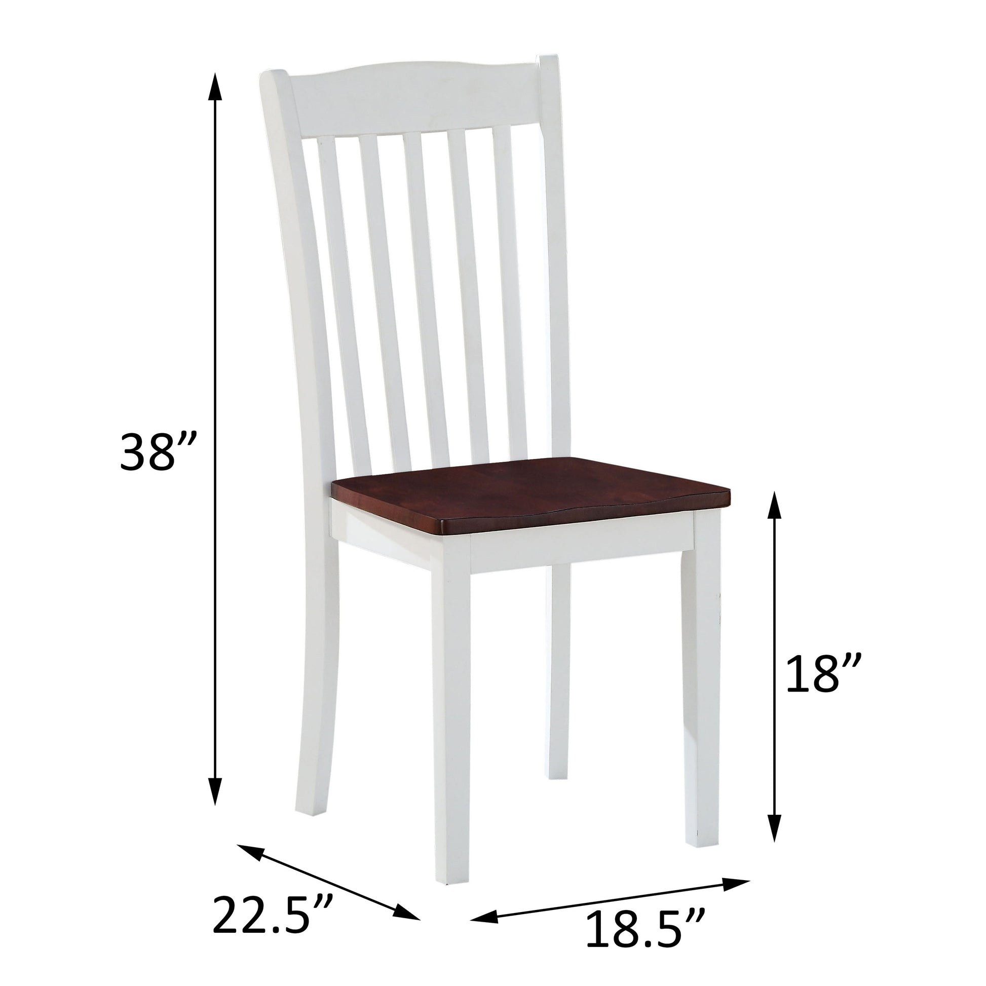 White wooden dining chair with dark brown seat and slatted back