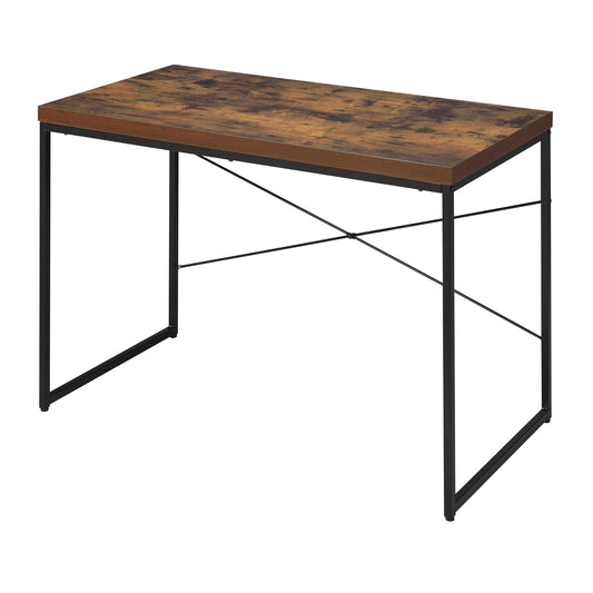 Rustic wood grain writing desk with black metal frame and legs