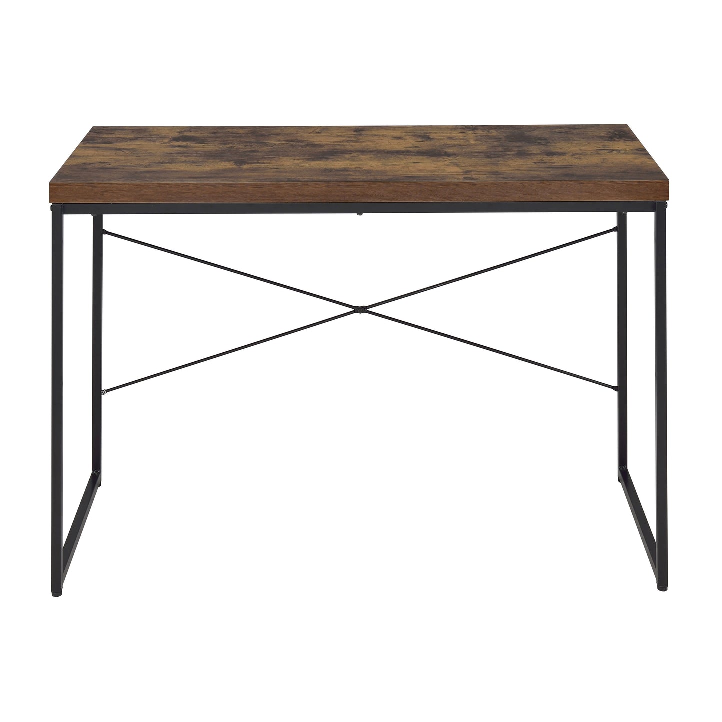 Rustic brown wood grain desk with black metal frame