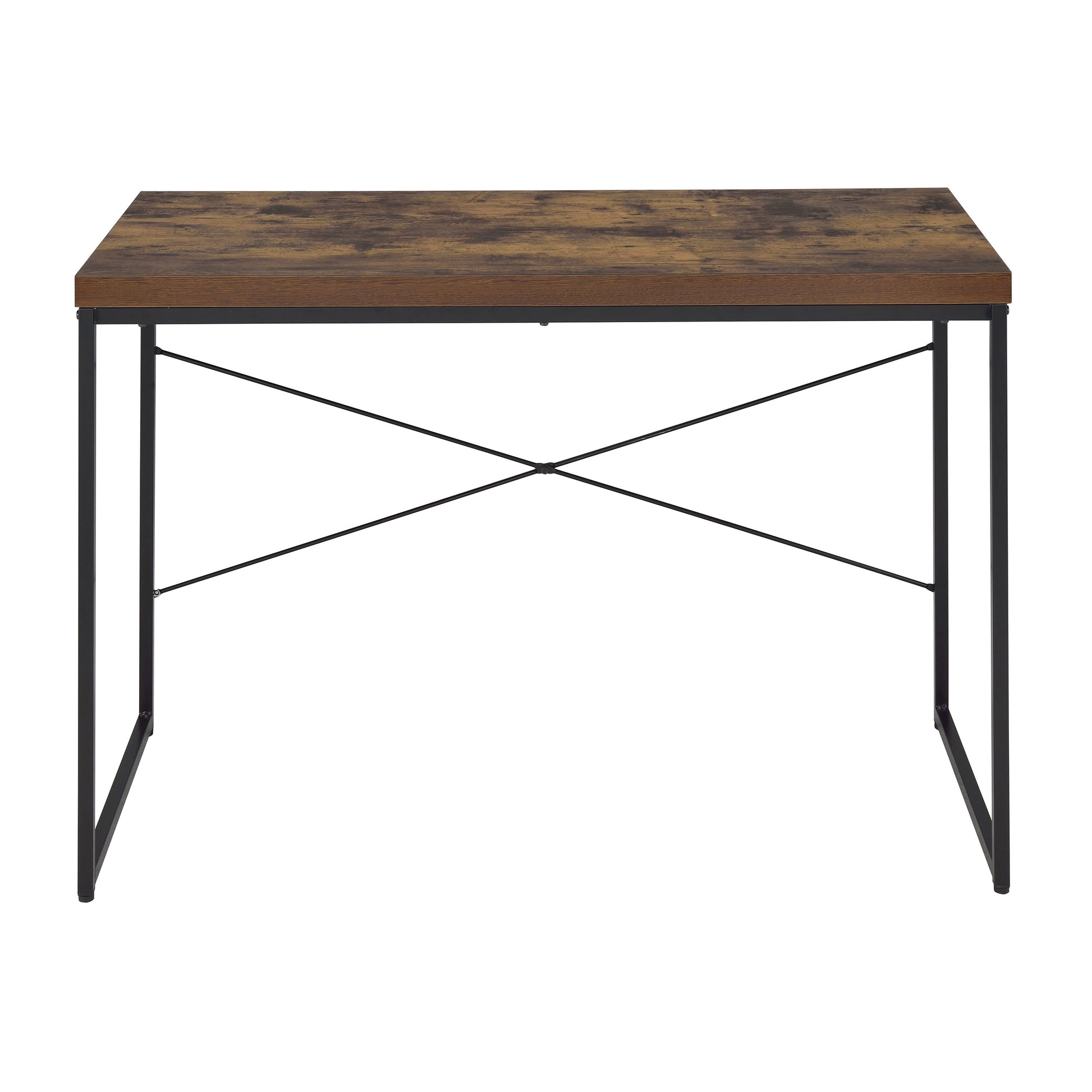 Rustic brown wood grain desk with black metal frame