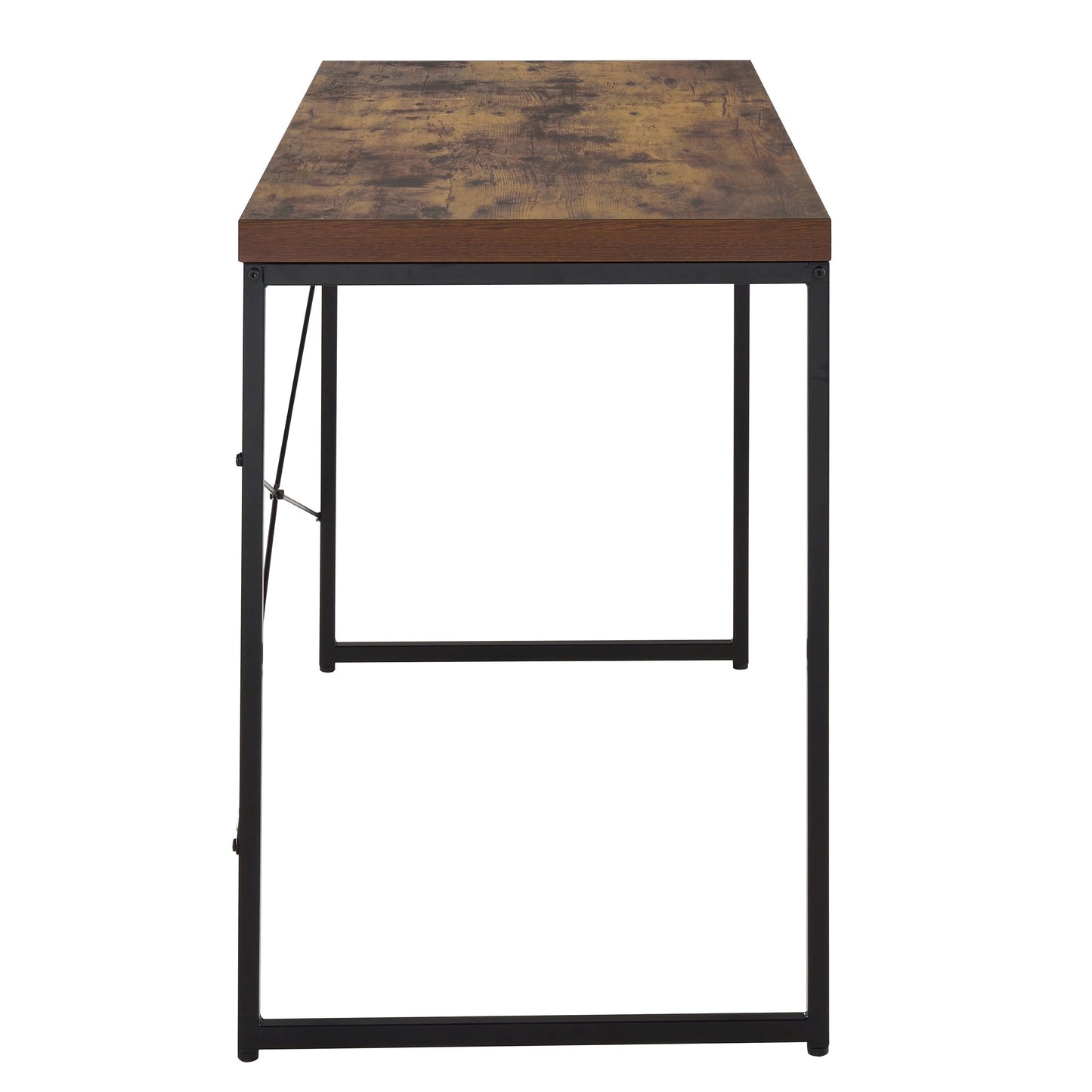 Rustic brown wood grain top desk with black metal frame and legs