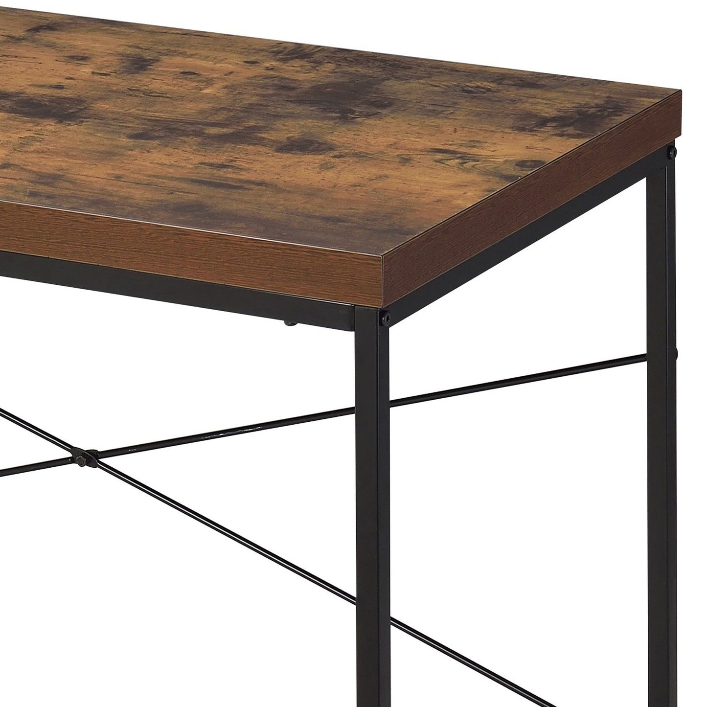 Rustic brown wood grain desk with black metal frame and cross bracing detail