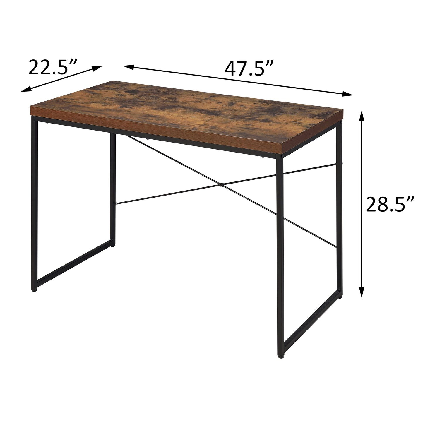 Rustic brown wood grain desk with black metal frame  L x  D x  H