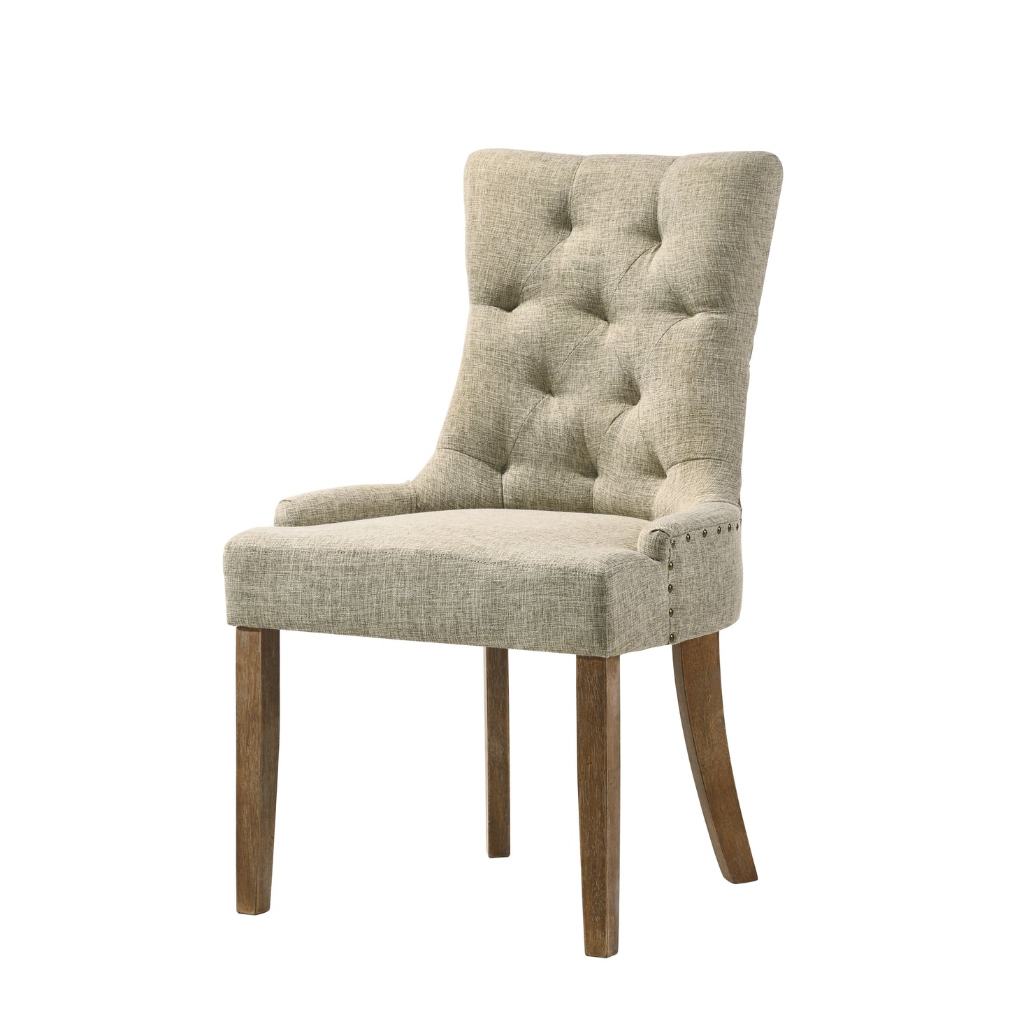 Tufted linen dining chair with nailhead trim and wooden legs