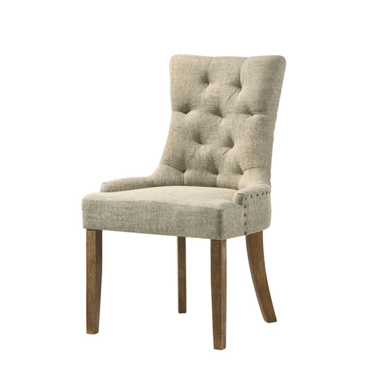 Tufted linen dining chair with nailhead trim and wooden legs