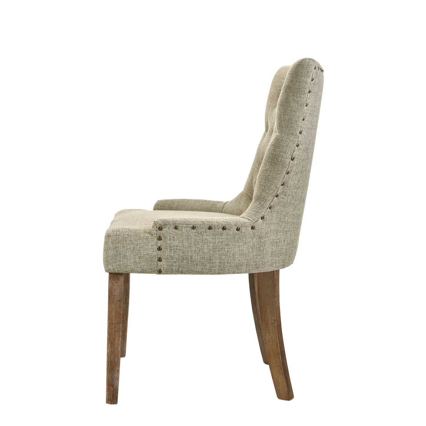 Beige fabric dining chair with nailhead trim and distressed wood legs