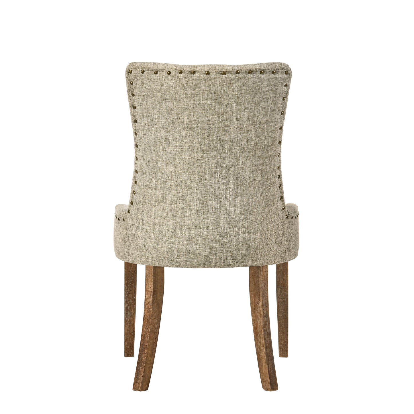 Tufted linen dining chair with bronze nailhead trim and wooden legs