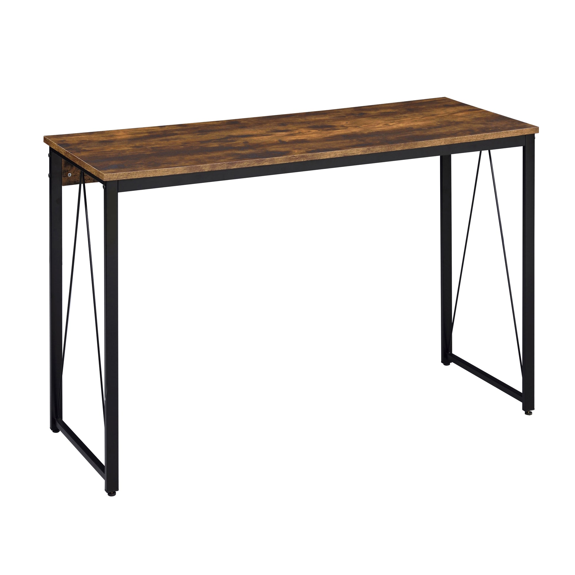 Rustic brown wood grain tabletop console table with black metal frame and hairpin legs