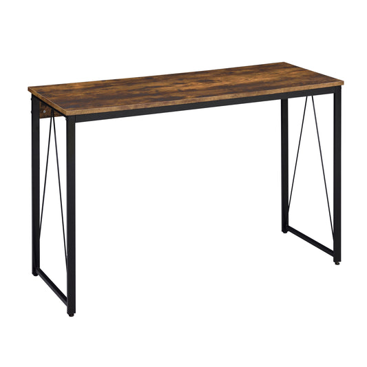 Rustic brown wood grain tabletop console table with black metal frame and hairpin legs
