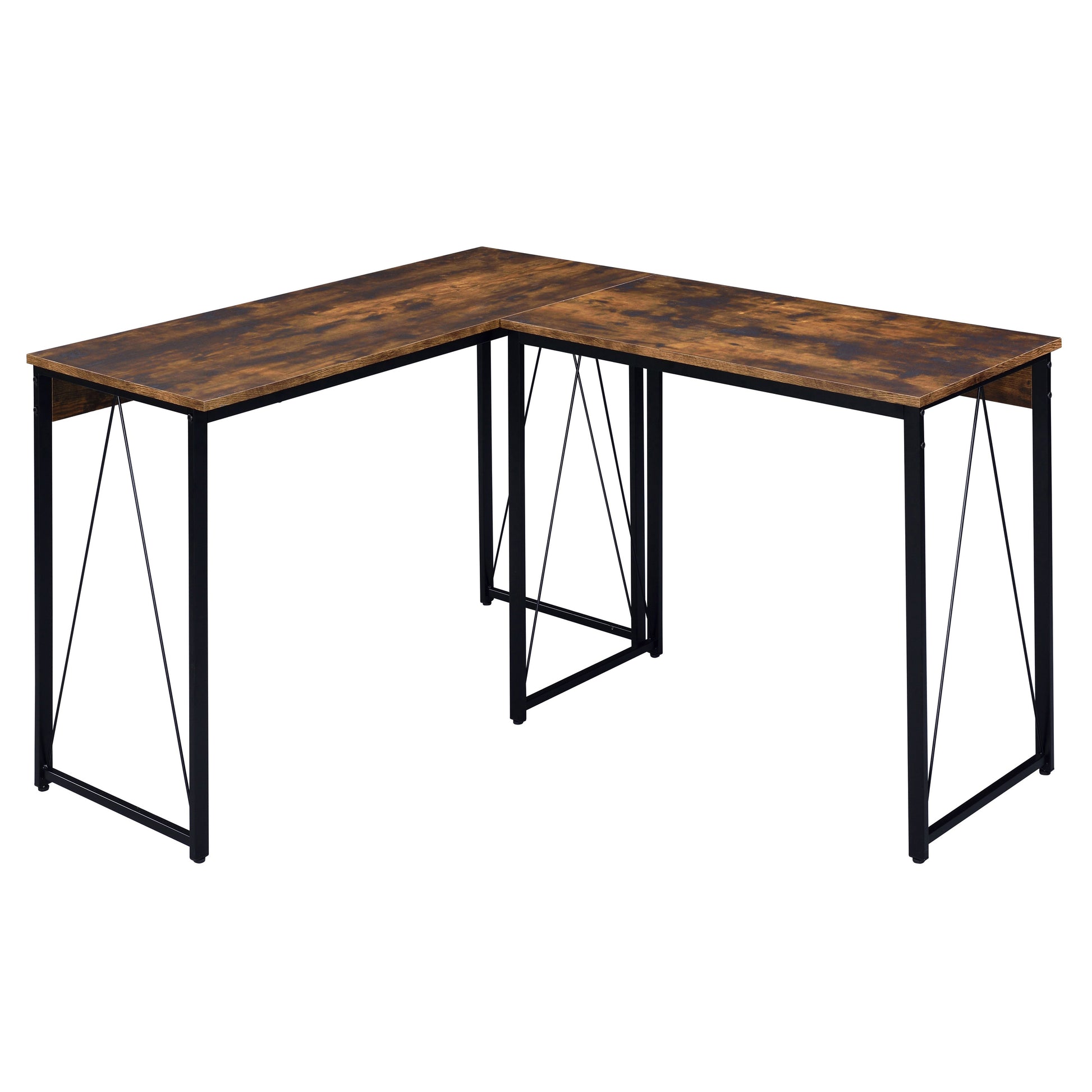 Rustic brown Lshaped desk with black metal frame for home office setup