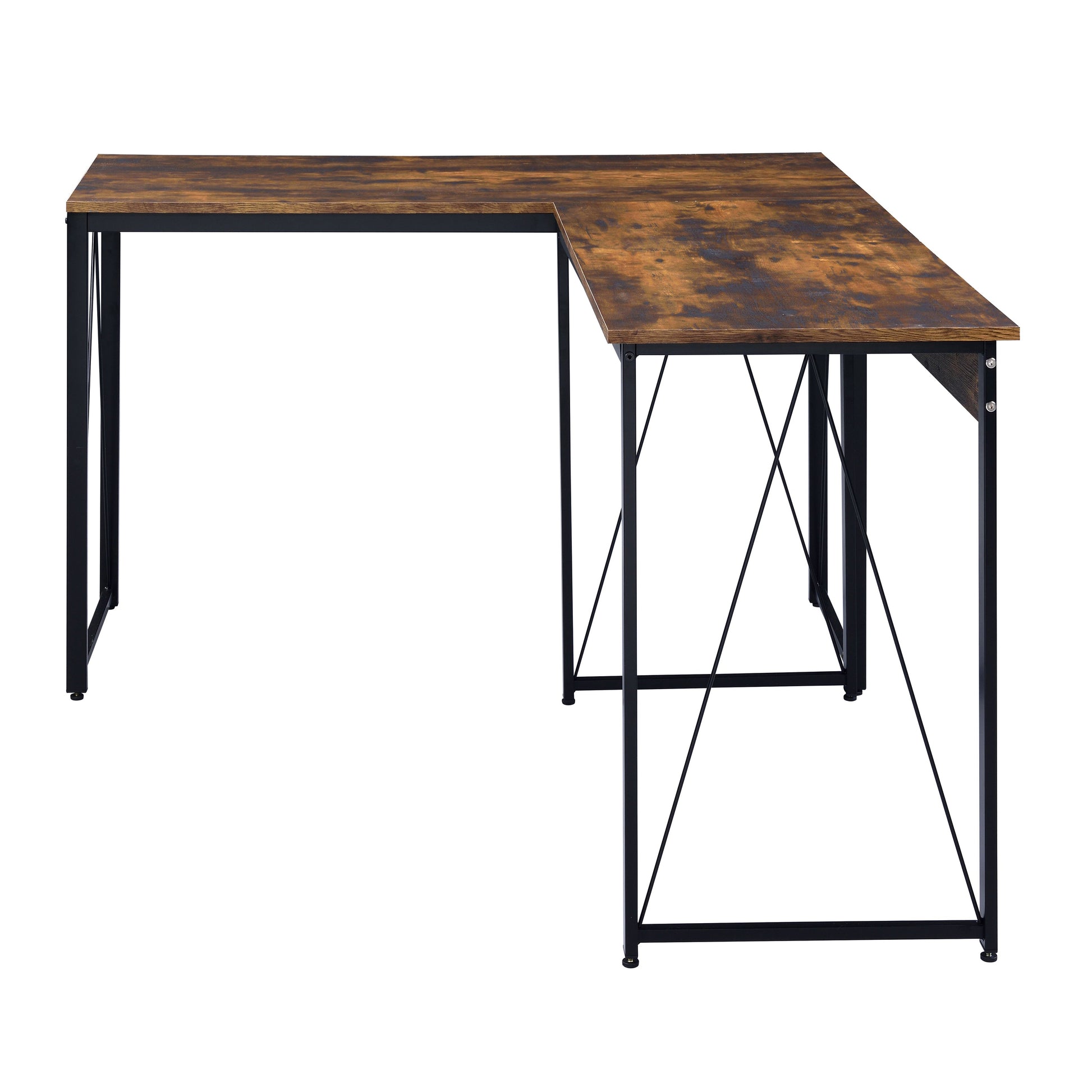 Rustic wood Lshaped desk with black metal frame ideal for home office setup