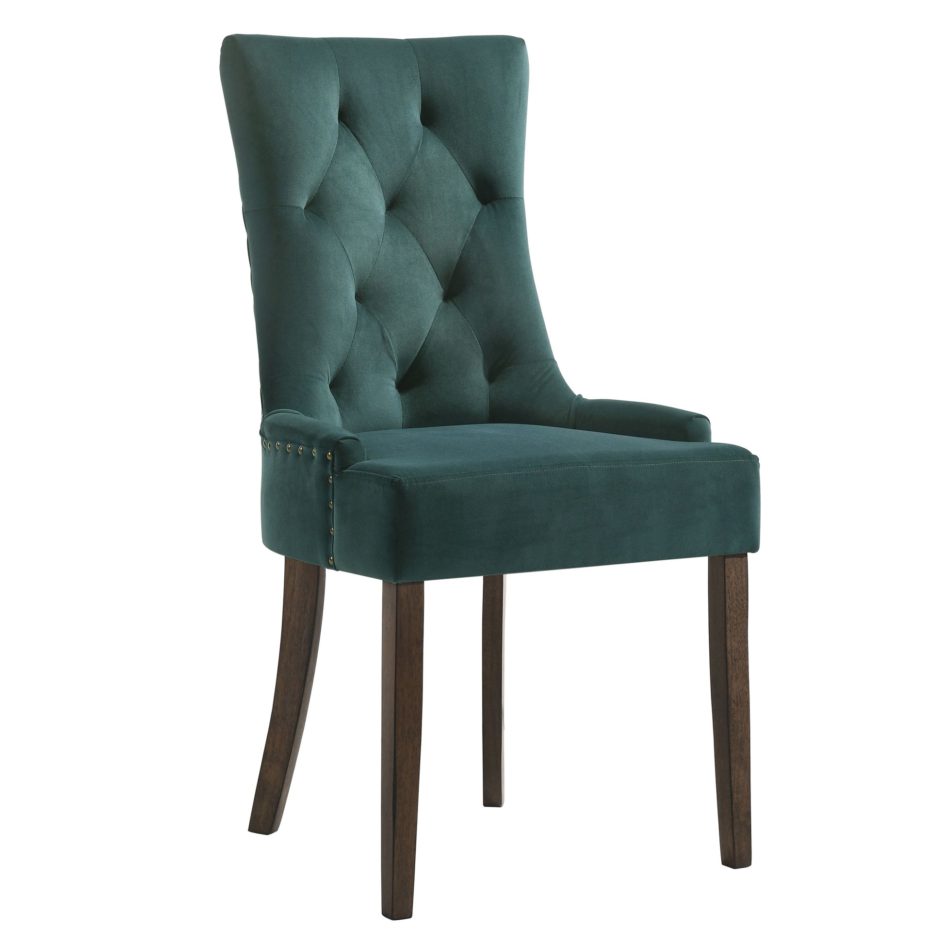 Deep teal velvet dining chair with button tufting and brass nailhead trim