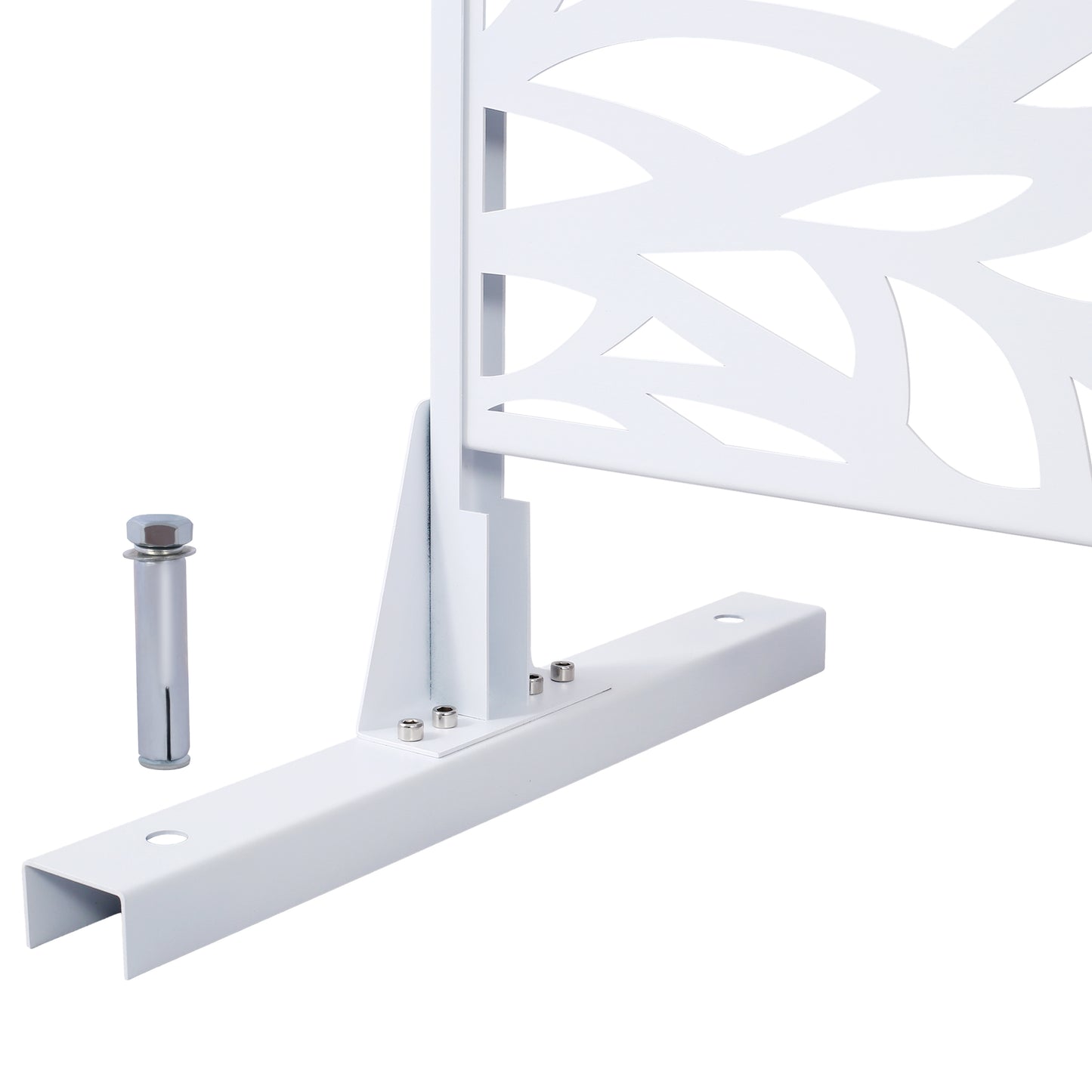 White metal decorative garden screen panel with leaf cutouts and base mount