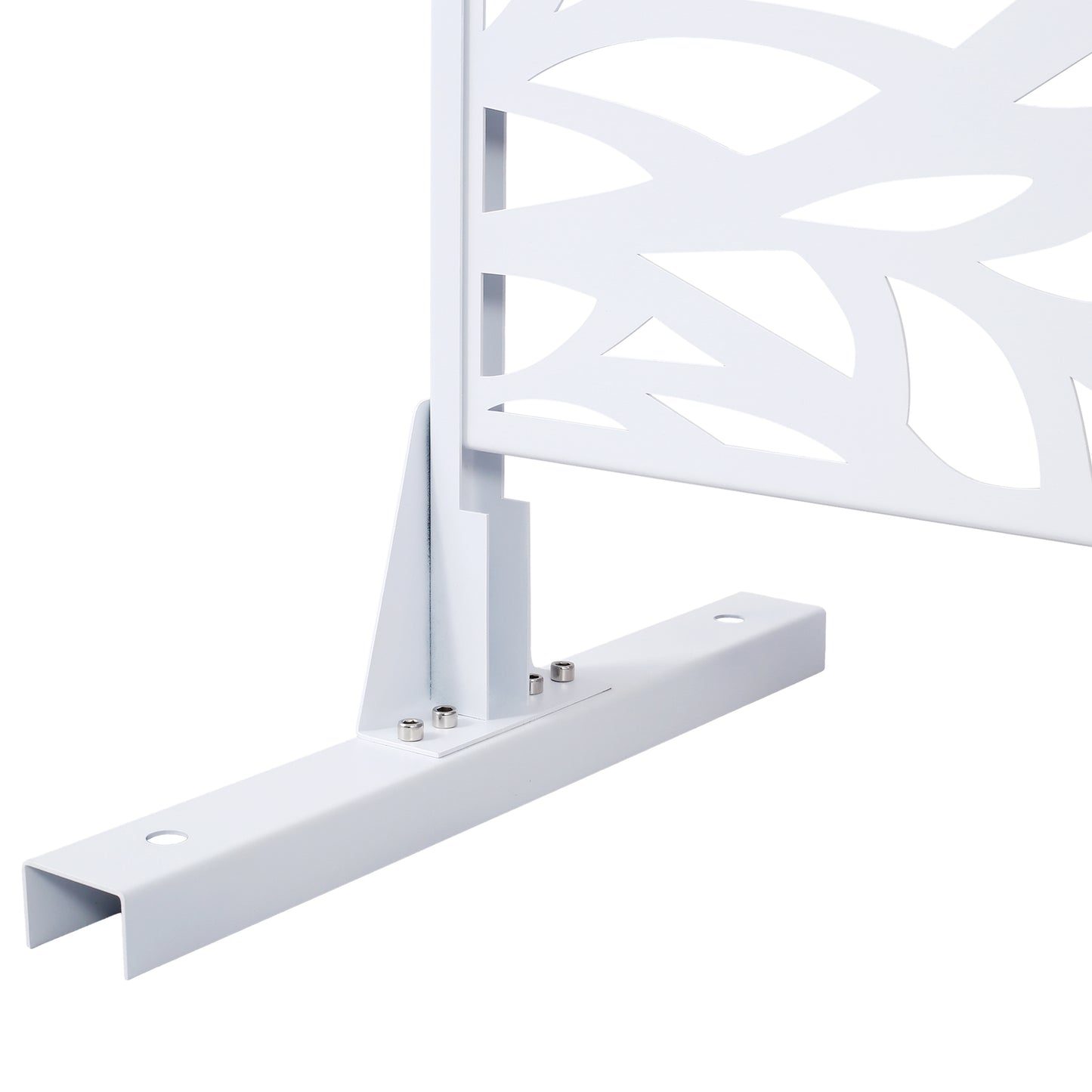 White metal decorative screen with leaf cutouts and base support