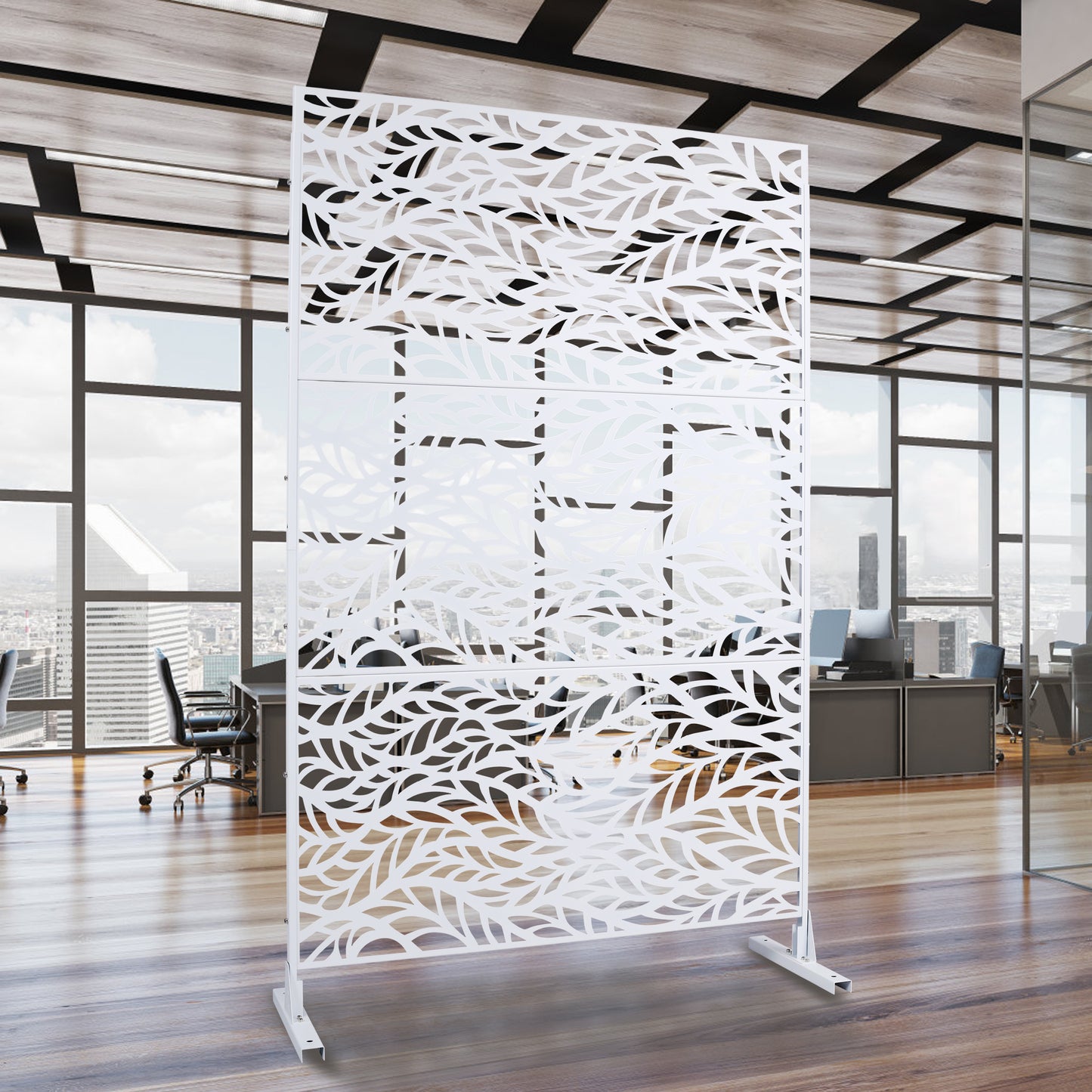 White decorative room divider with an intricate leaf pattern ideal for modern home spaces