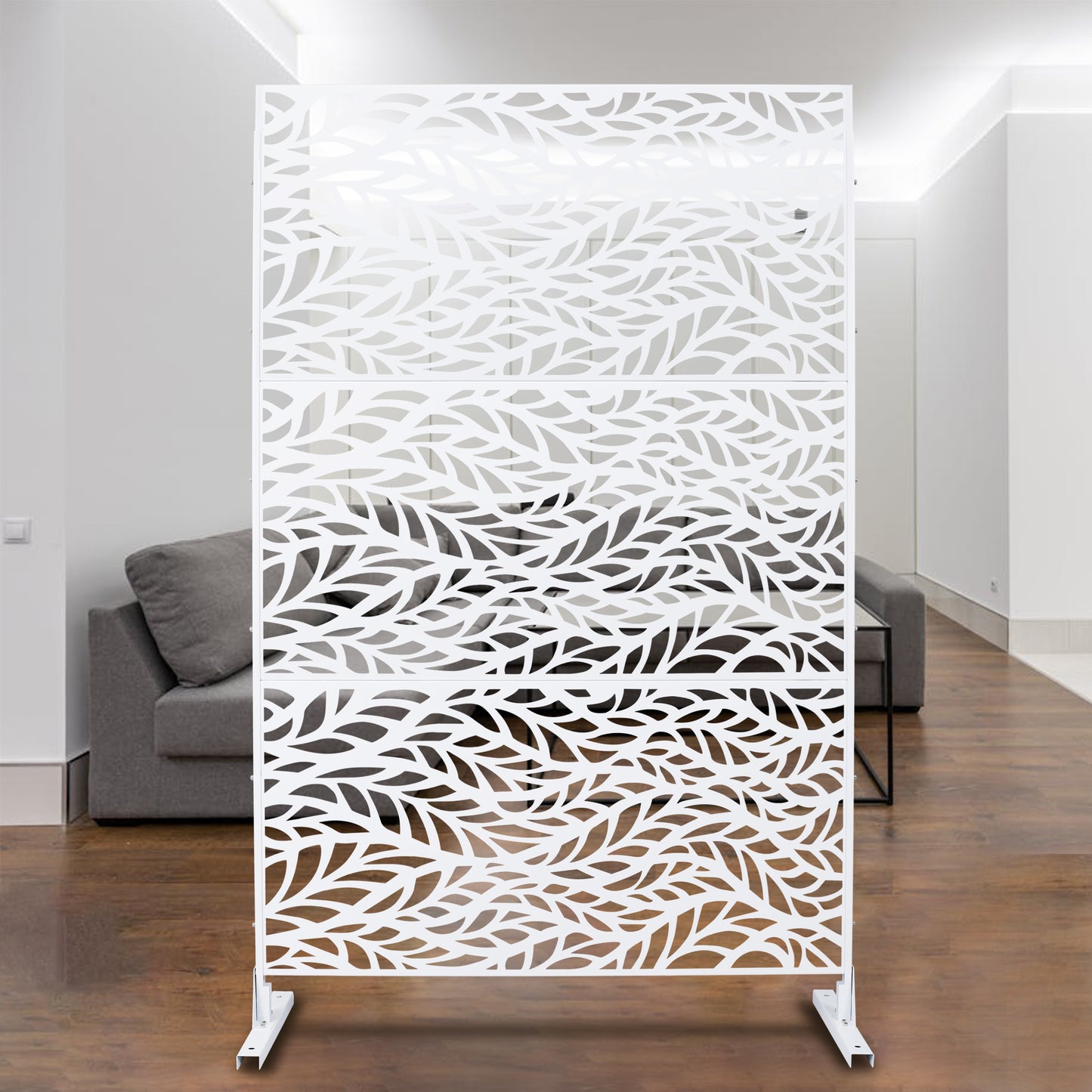 White decorative room divider with delicate leaf pattern perfect for home staging