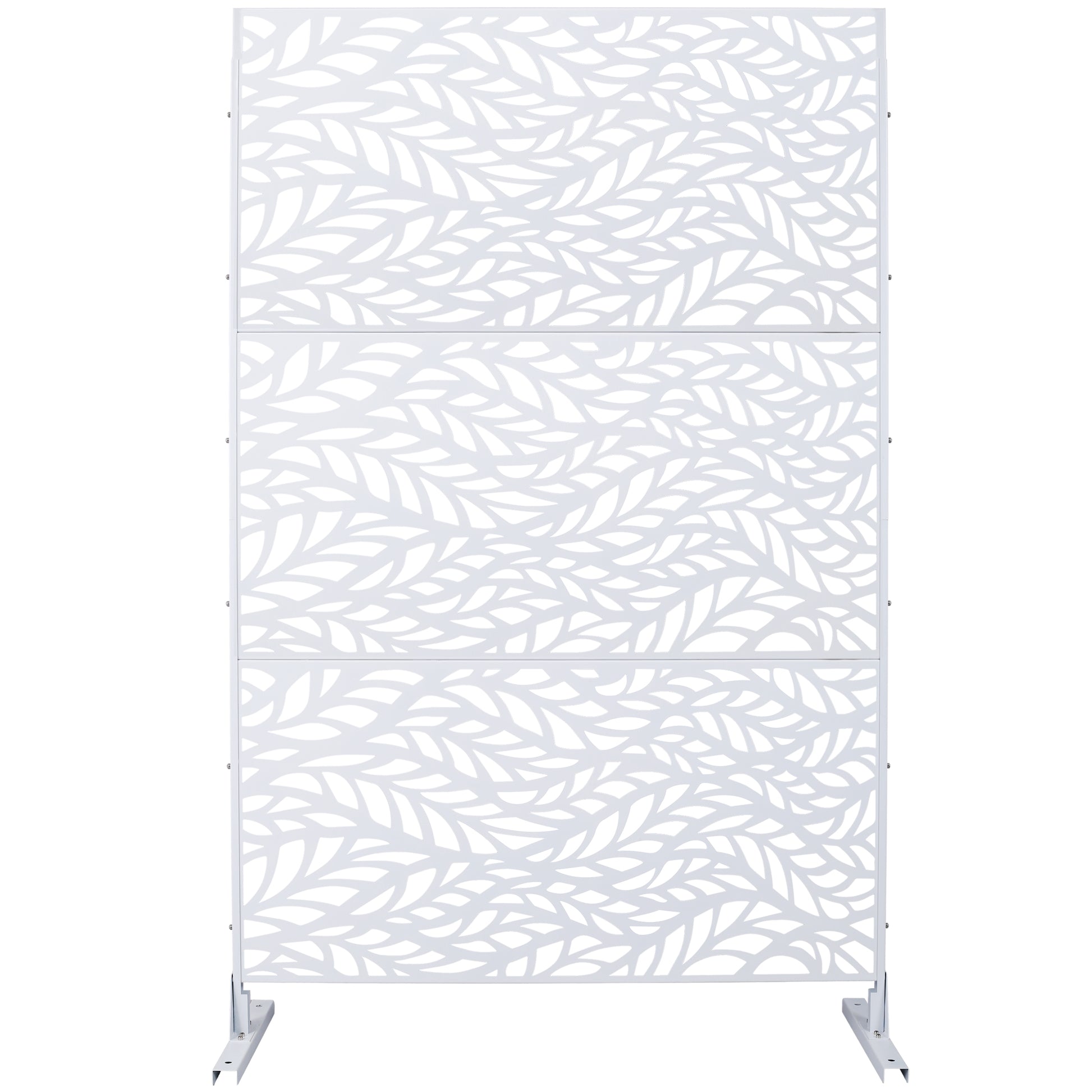 Modern white metal garden screen with intricate leaf pattern ideal for outdoor privacy