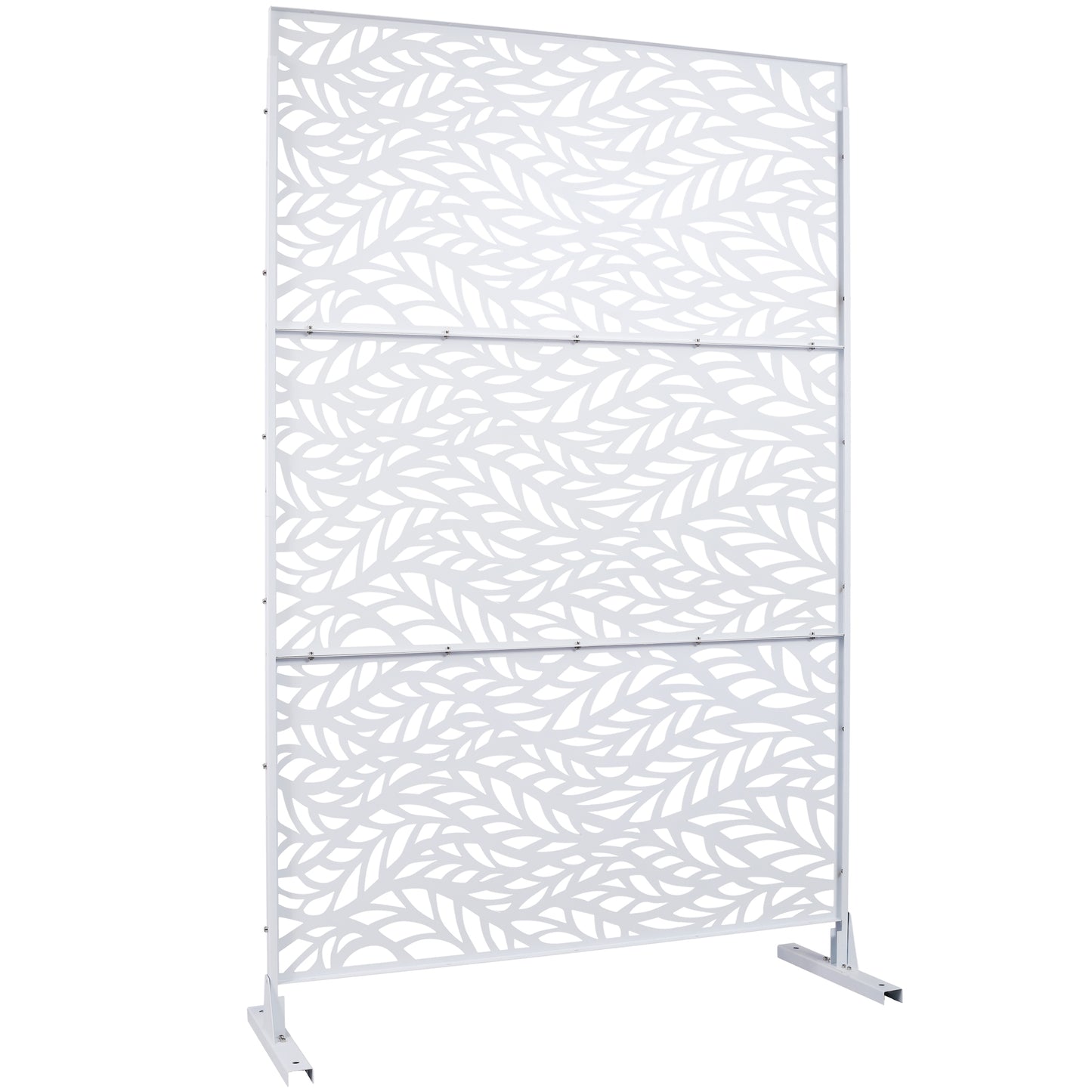 White decorative metal screen with a modern leaf pattern perfect for garden privacy