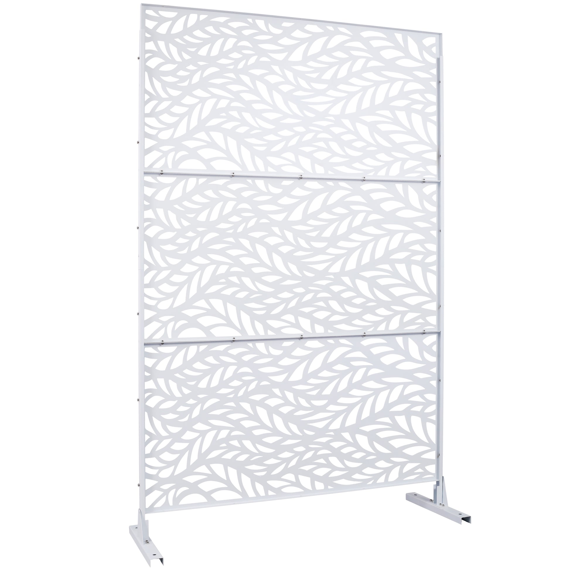 White decorative metal screen with a modern leaf pattern perfect for garden privacy