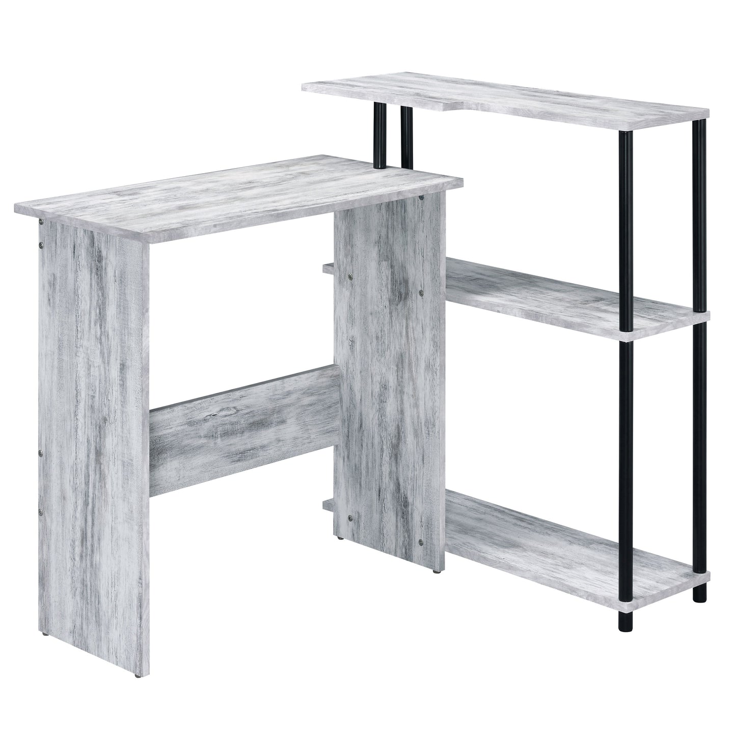 Rustic grey wood modern corner desk with three shelves and black metal legs